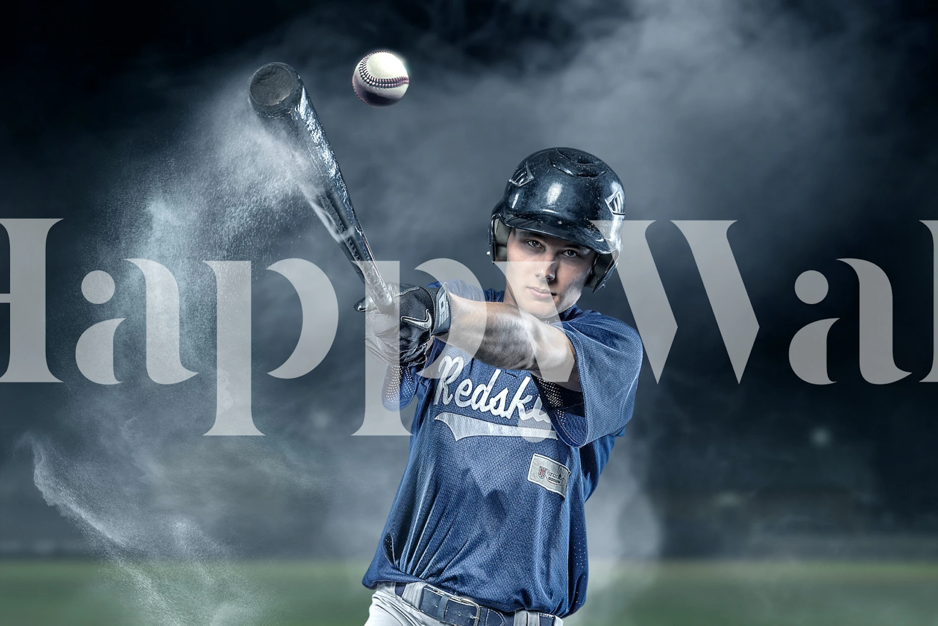 Baseball player swinging bat in action with blue tones wallpaper