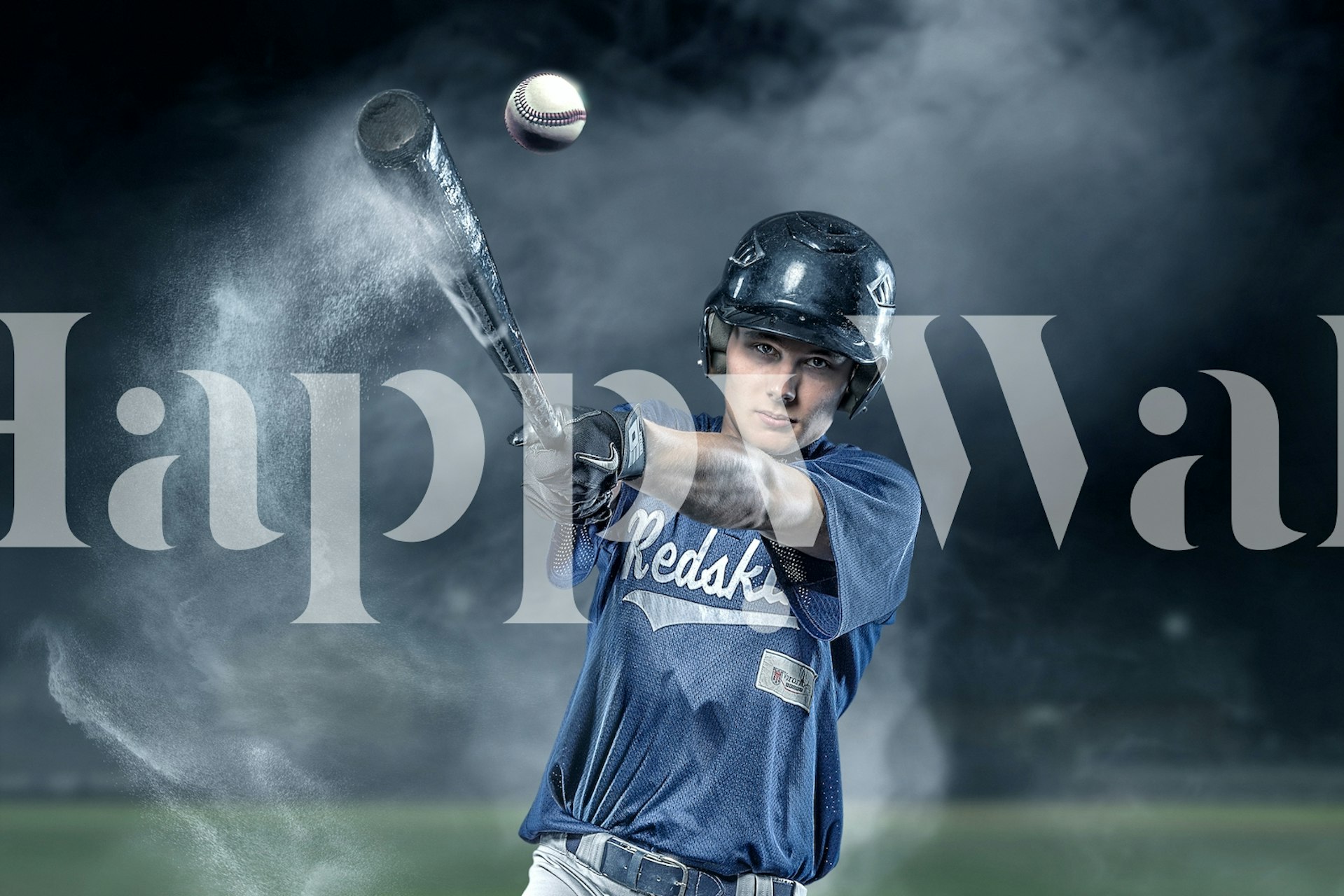Baseball player swinging bat in action with blue tones wallpaper
