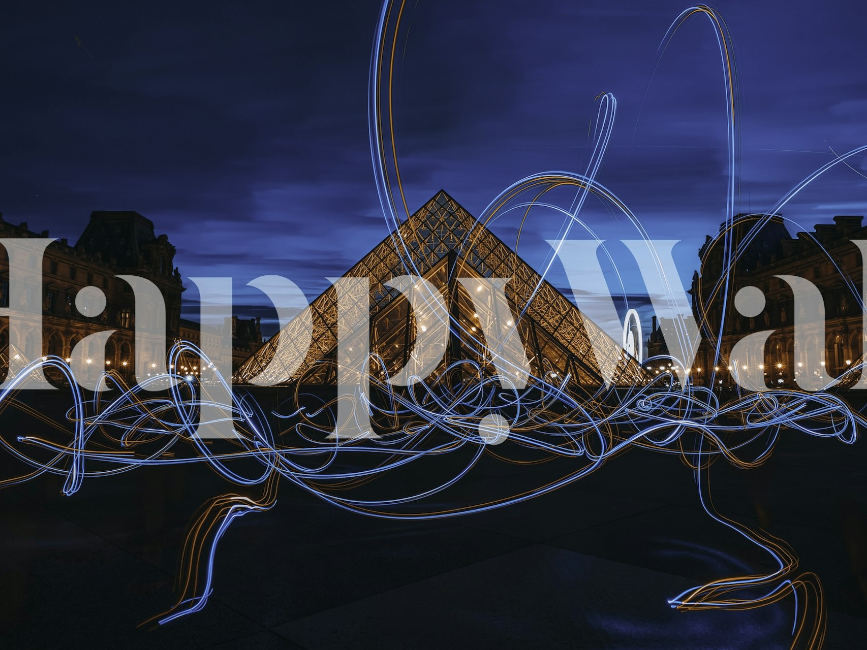 Ethereal light trails swirling around the Louvre Pyramid at night in a mesmerizing wall mural