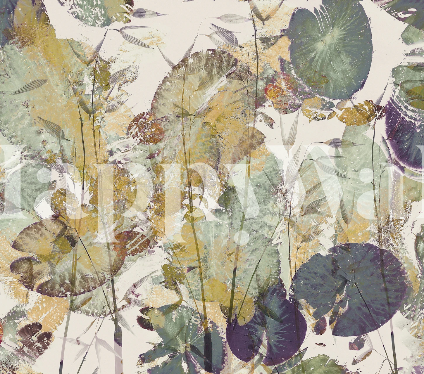 Botanical floral wallpaper with green and gold leaves and stems