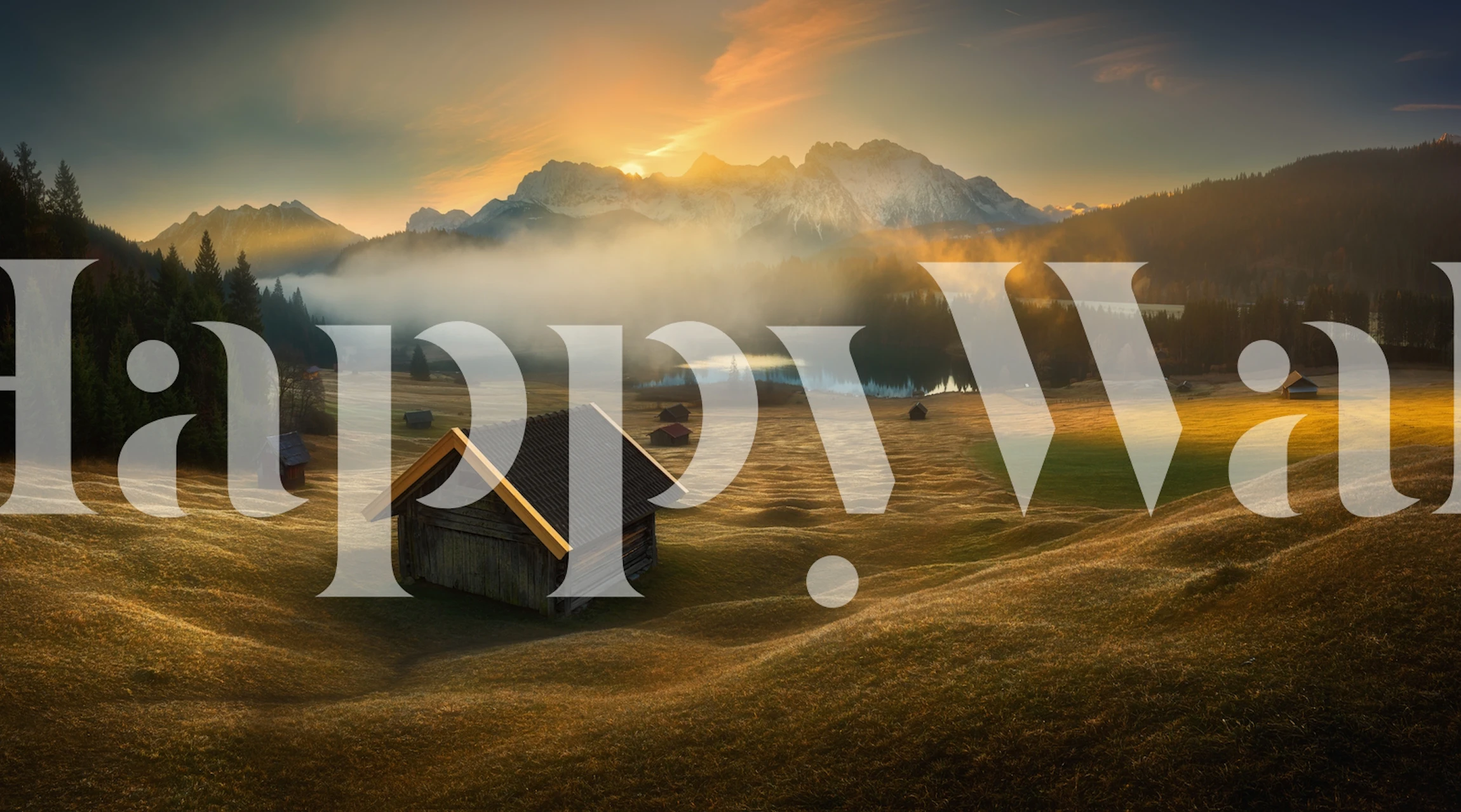 Mountain landscape at sunrise with fog, warm colors wallpaper