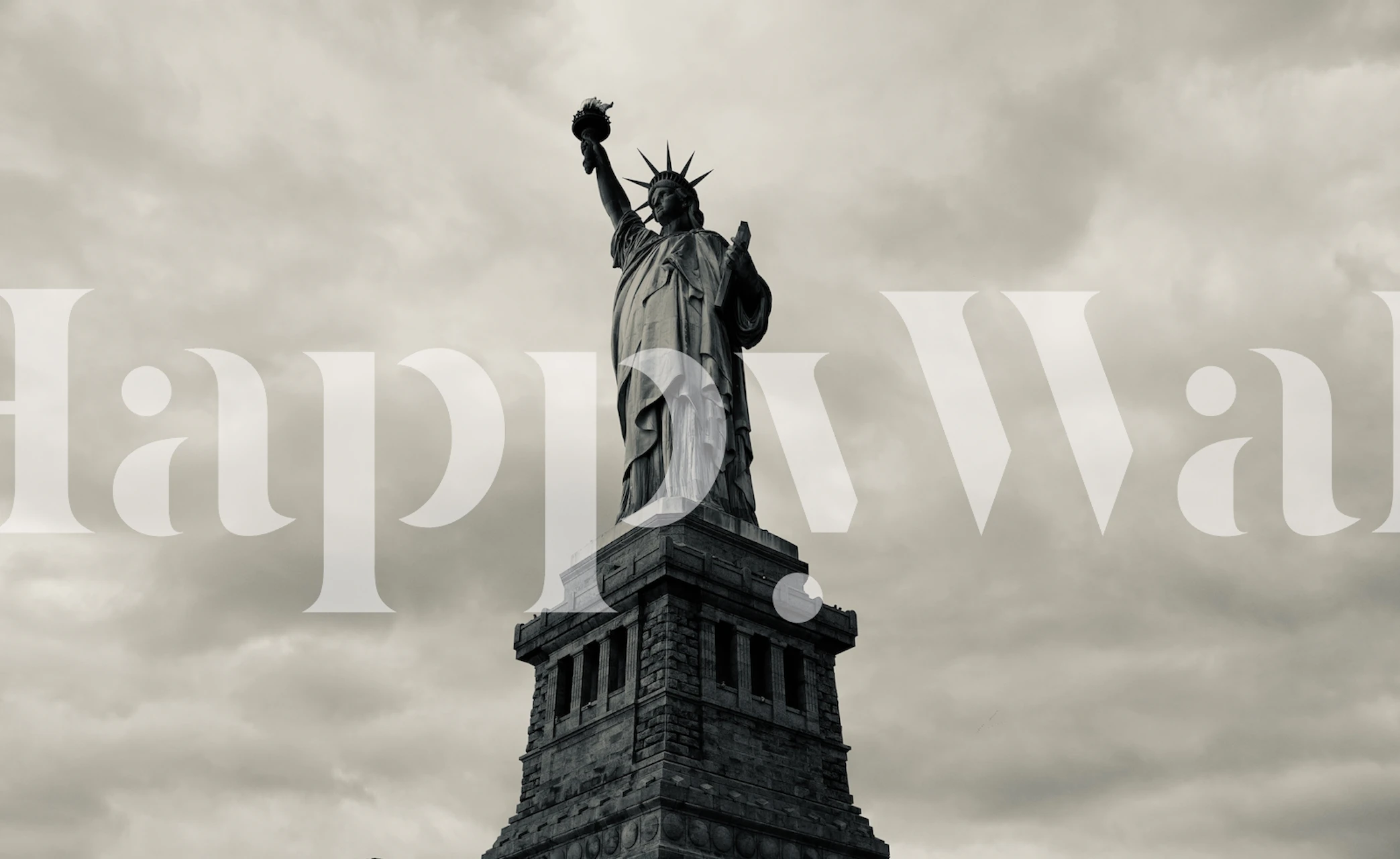 Black and white wall mural of an iconic American statue symbolizing liberty and patriotism