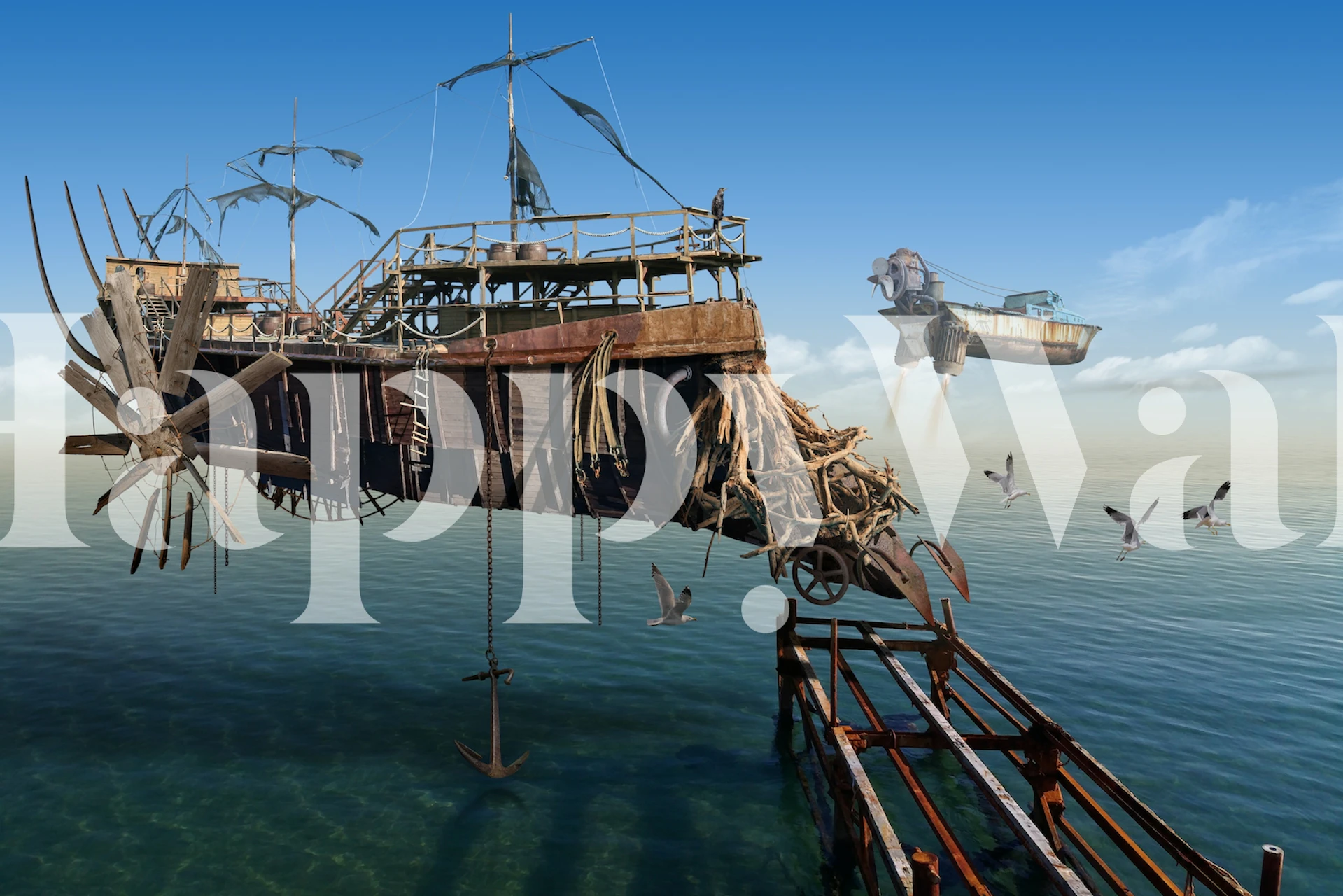 Nautical shipwreck design with rusted boat and ocean view wallpaper