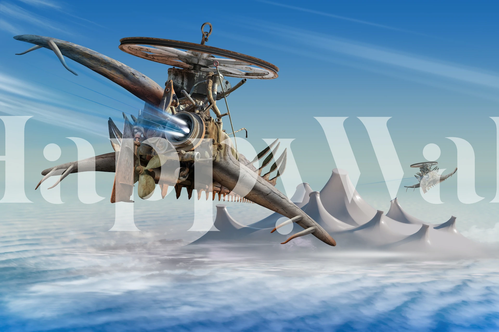 Surreal wallpaper depicting flying machines above mountains in blue sky