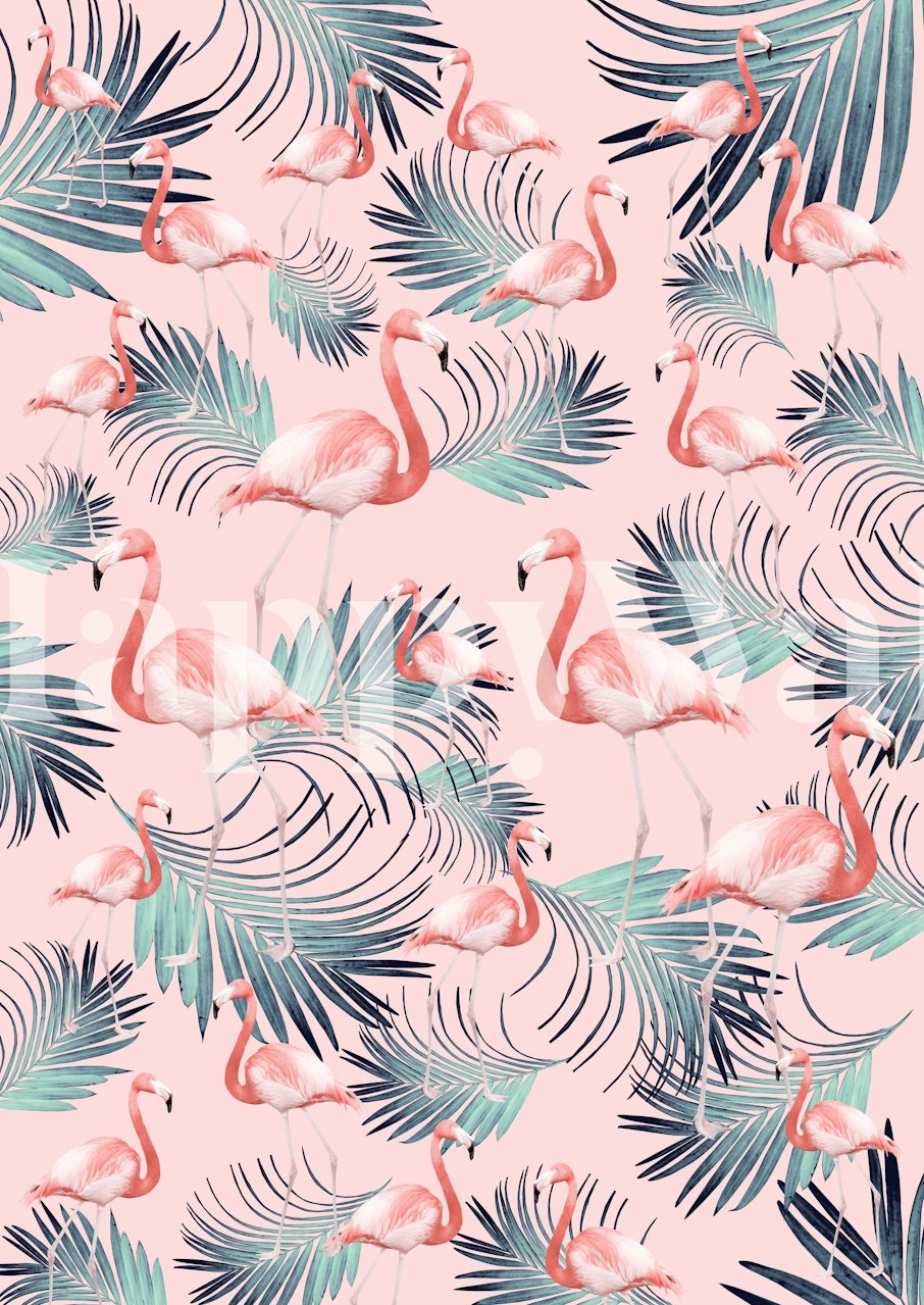 Pink flamingos and palm leaves wallpaper