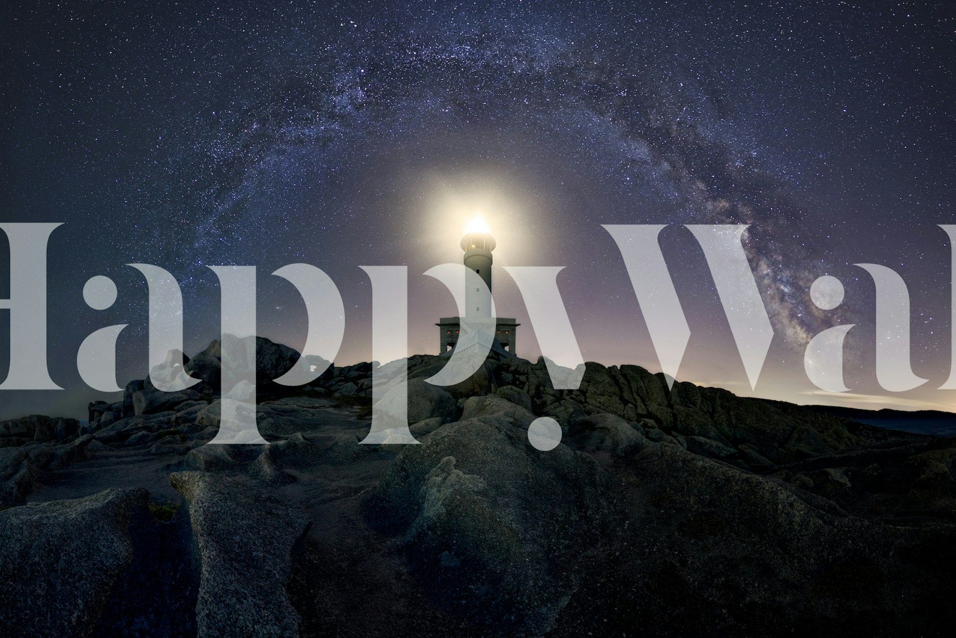 Noćno nebo puno zvijezda iznad zidne slike svjetionika