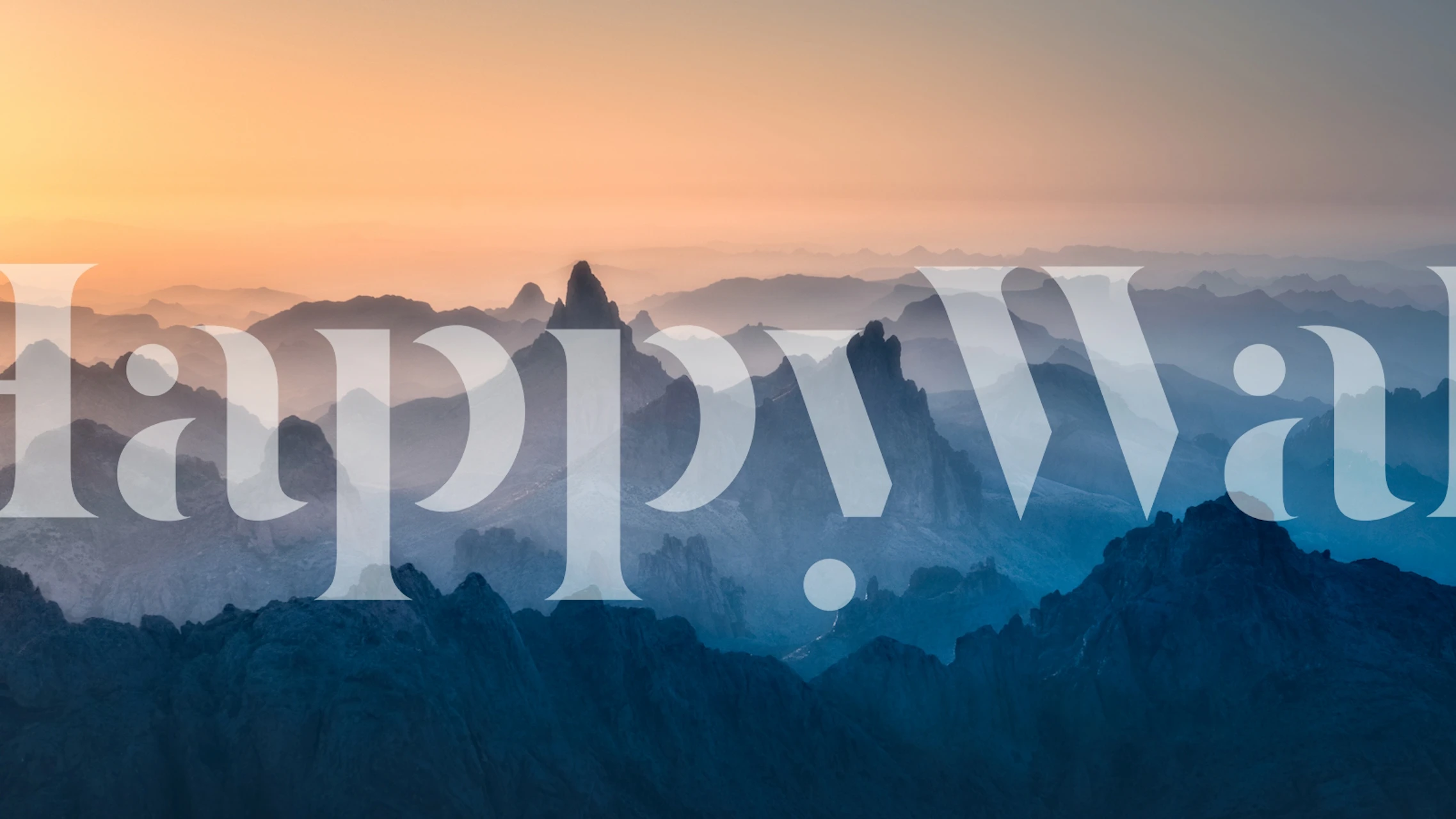 Layered blue mountain landscape wallpaper with a gradient sunrise.