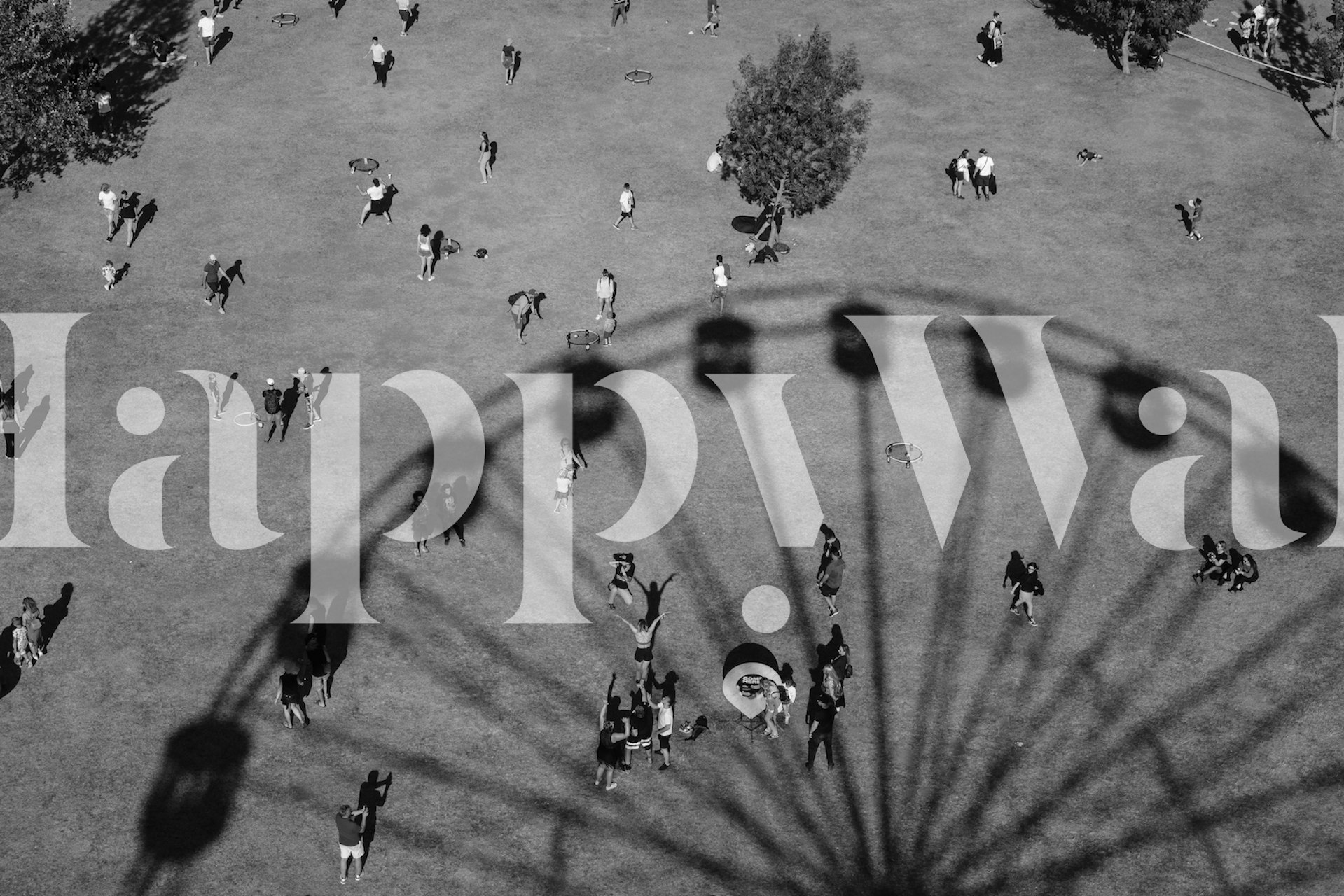 Black and white Ferris wheel shadow over a grass field wallpaper