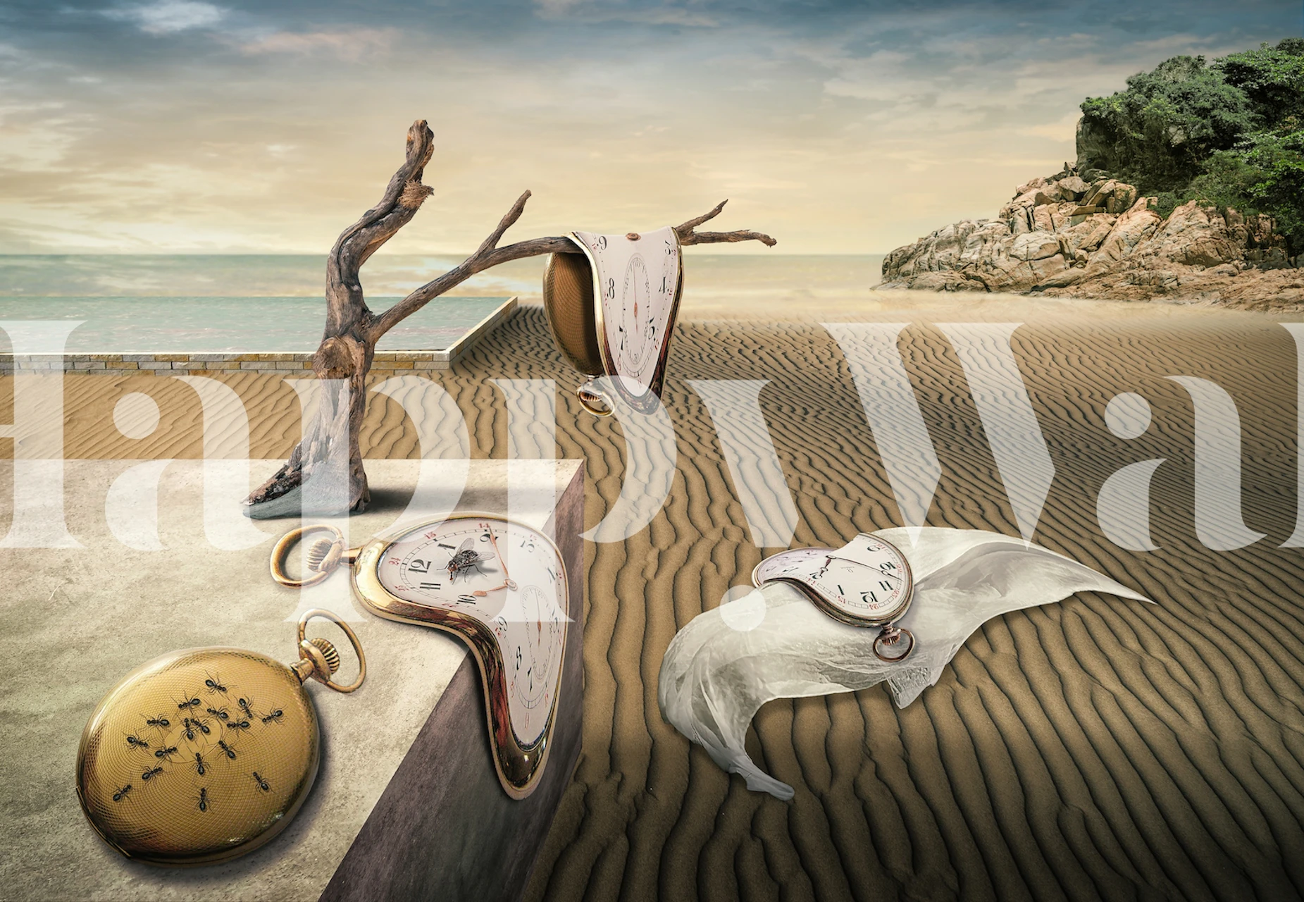 Surrealistic wall mural featuring Salvador Dali-inspired elements like melting clocks and a desert landscape