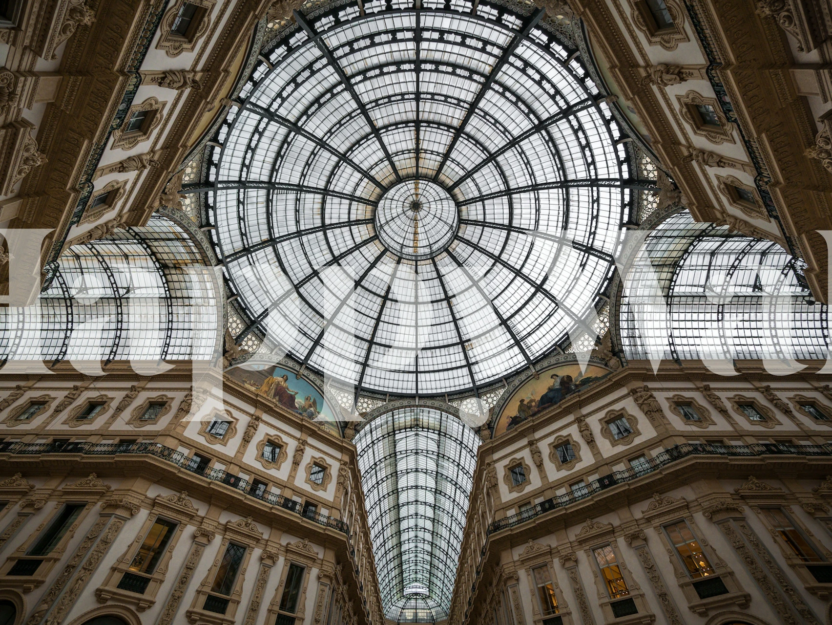 Dome architectural design with intricate details in white and gold wallpaper
