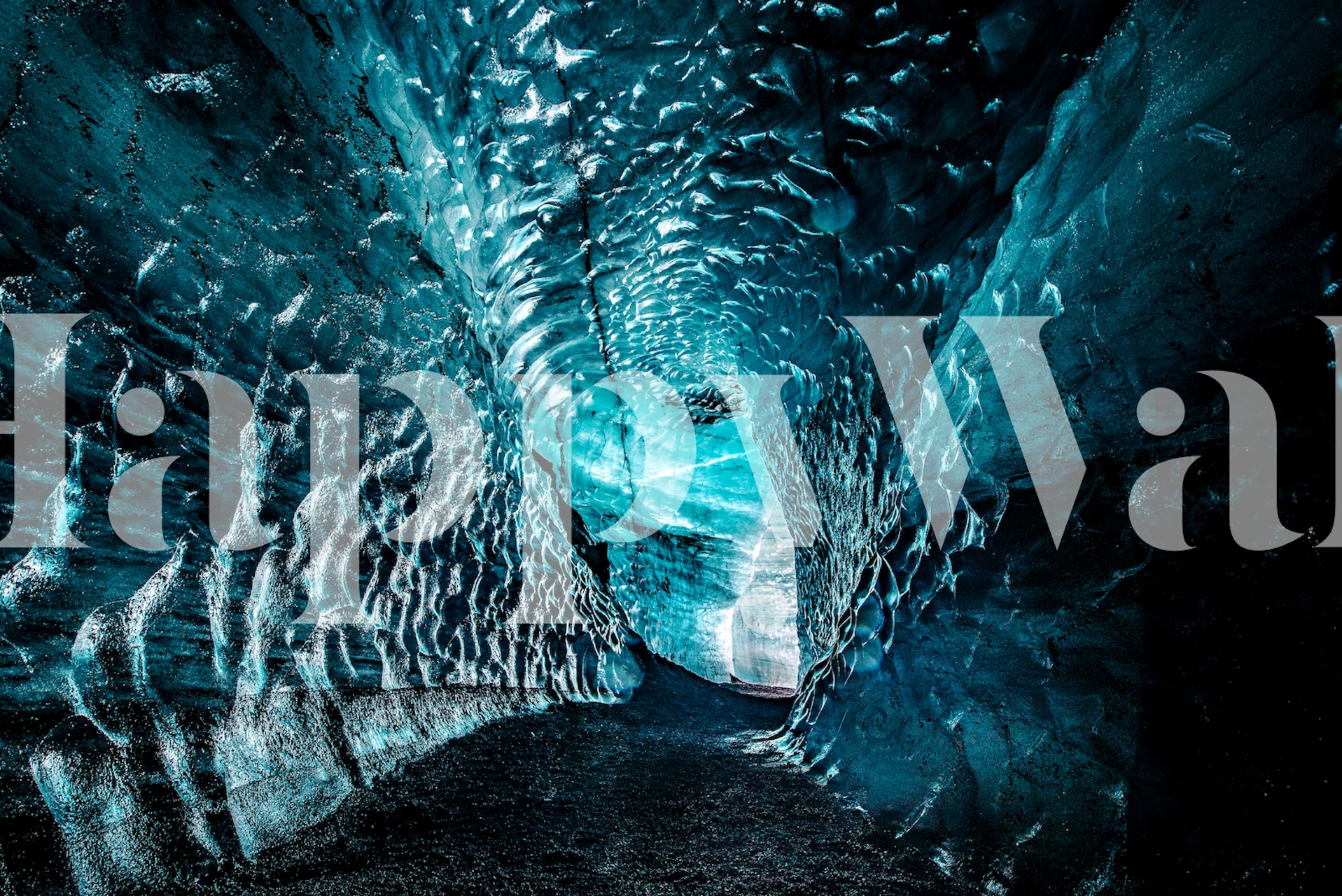 Arctic ice cave wall mural depicting a serene frozen cavern with shades of blue and clear ice formations