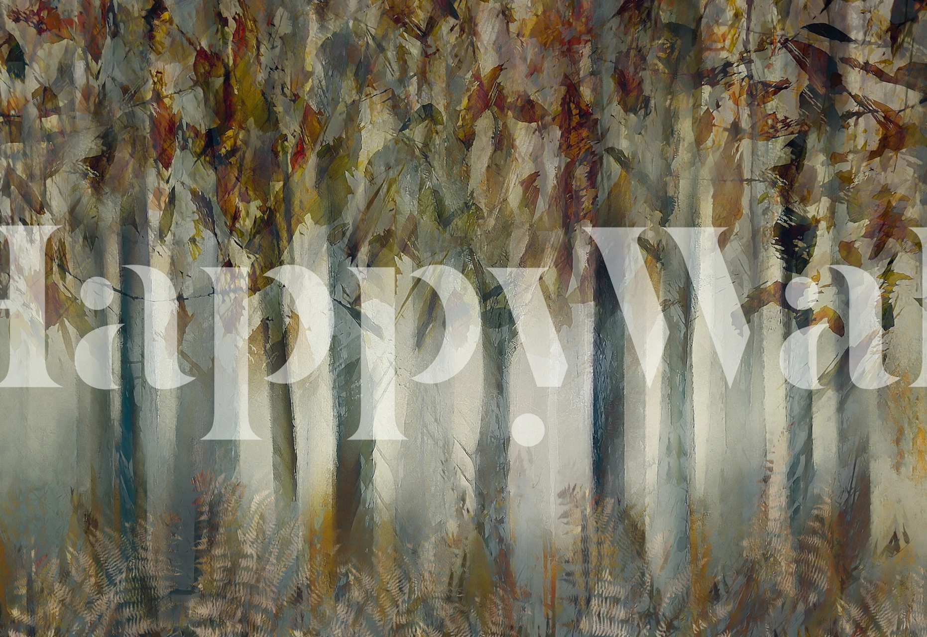 Abstract forest scene with trees and ferns in earthy colors wallpaper