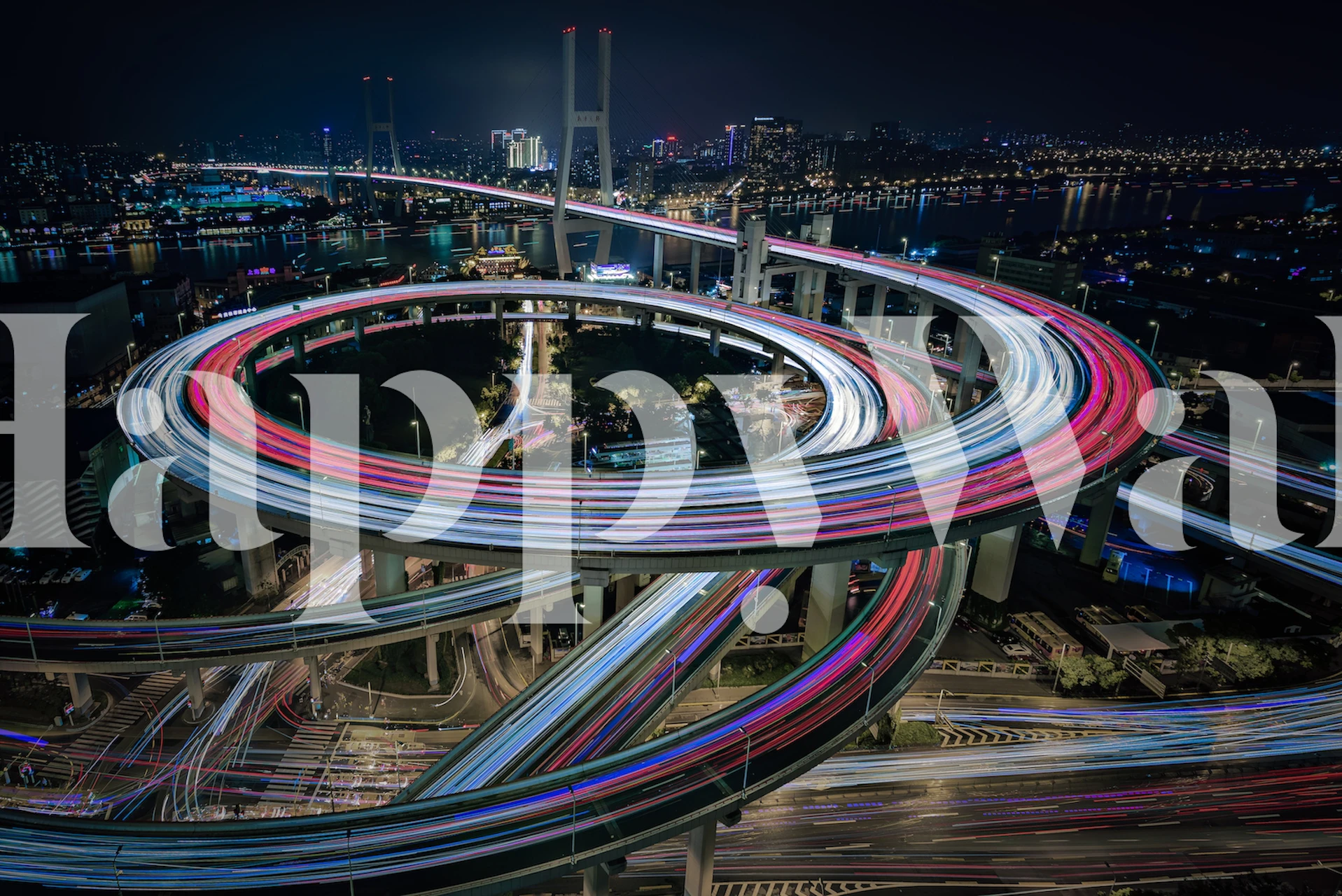 Urban nightscape design with illuminated highways and bridges wallpaper