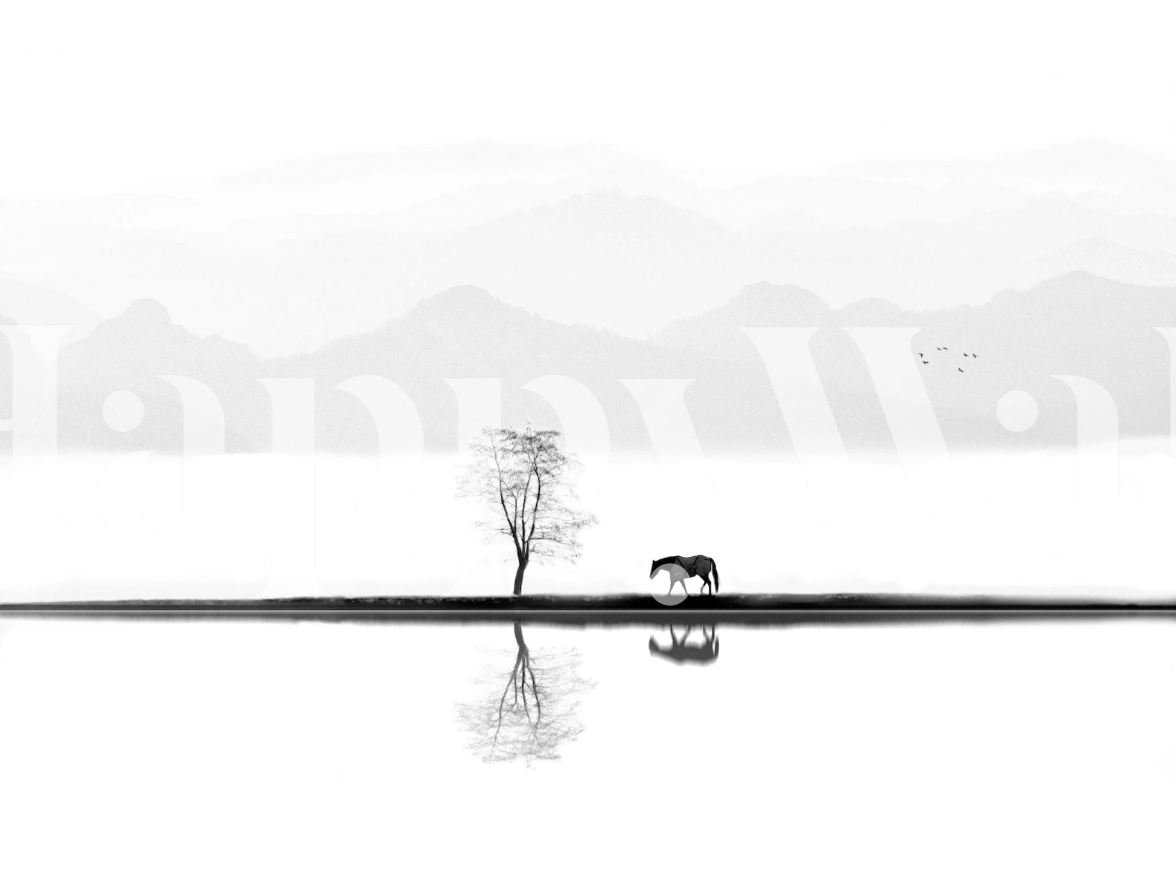 Black and white mural of a calm landscape with a tree and animal reflection