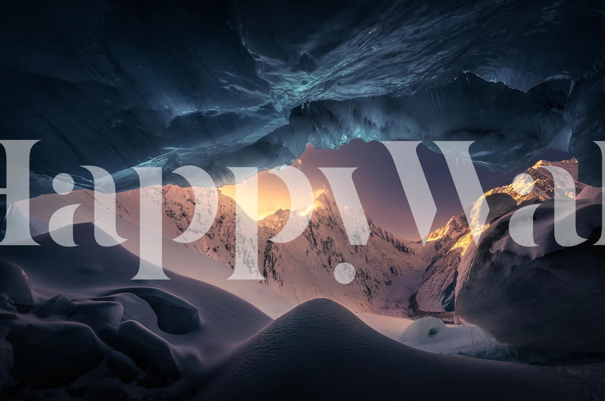 Blue ice cave landscape with icy formations and mountains wallpaper