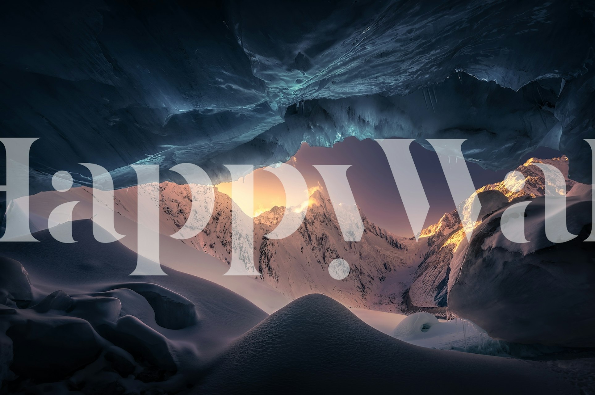 Blue ice cave landscape with icy formations and mountains wallpaper