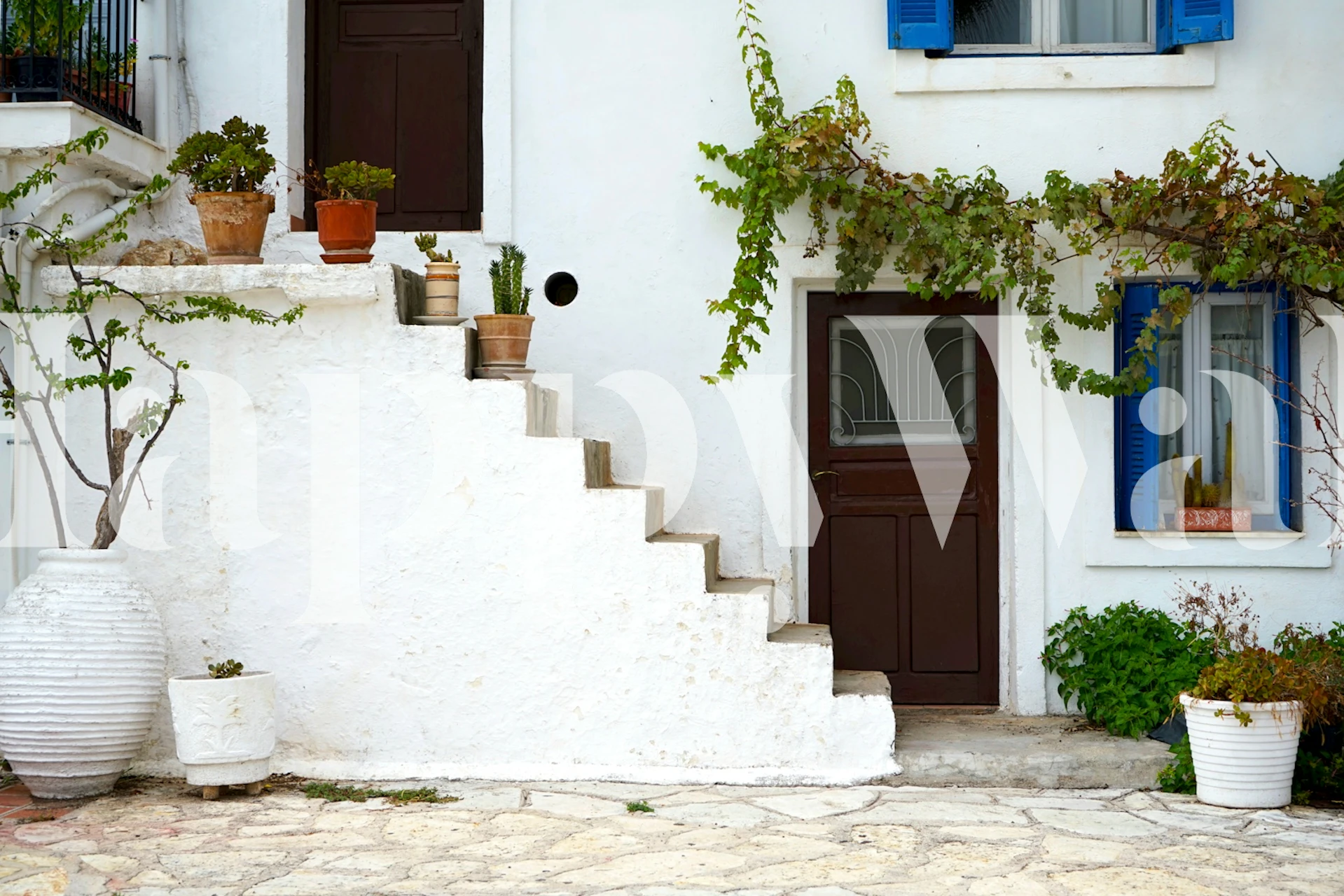 Traditional white and blue house with staircase in Parga, Greece, surrounded by green plants.