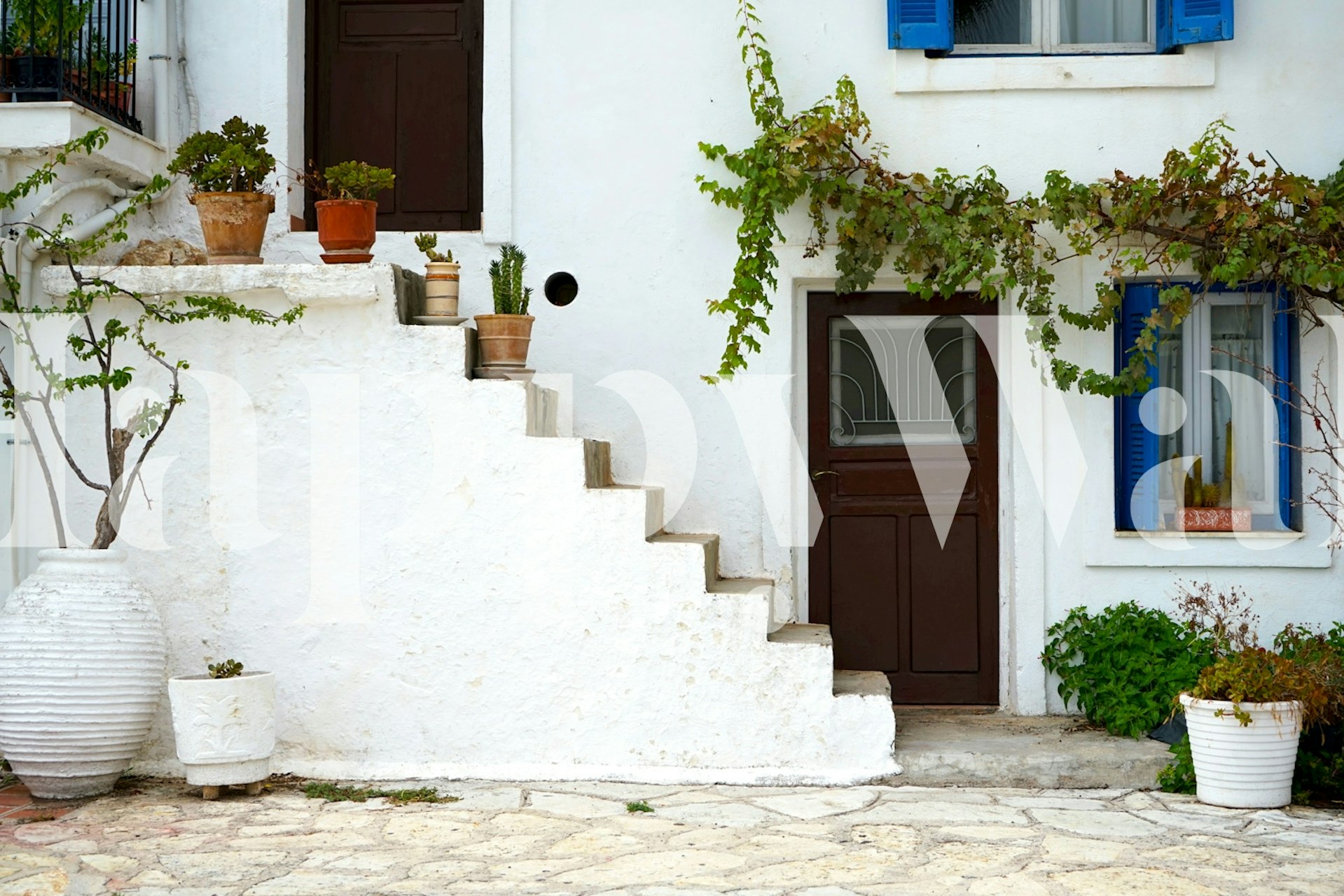 Traditional white and blue house with staircase in Parga, Greece, surrounded by green plants.