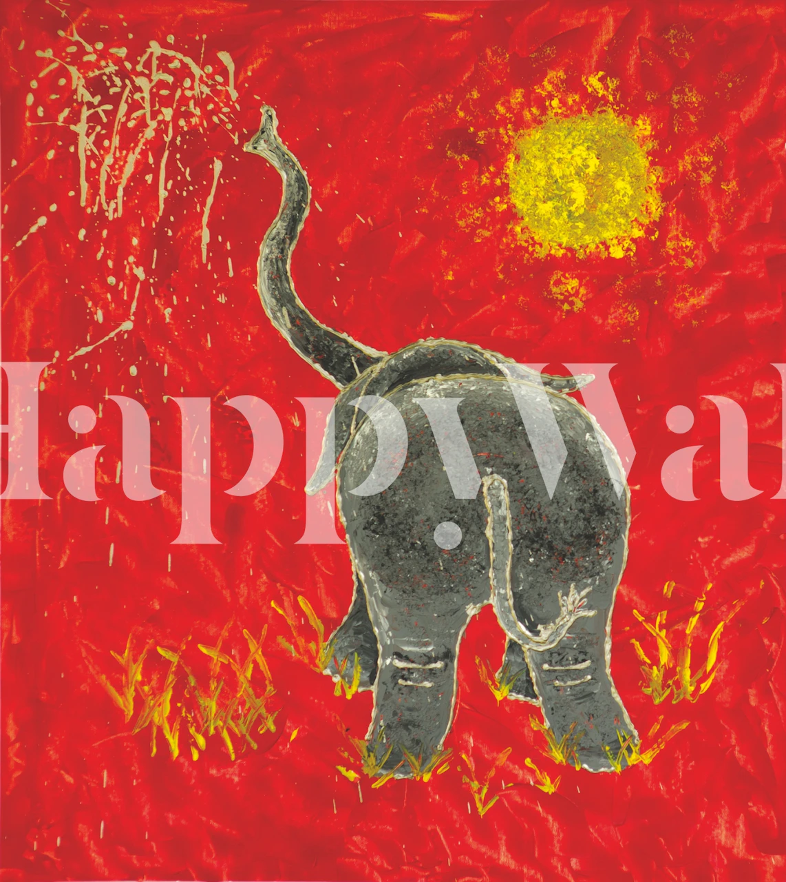 Elephant rear view on red background with sun wallpaper