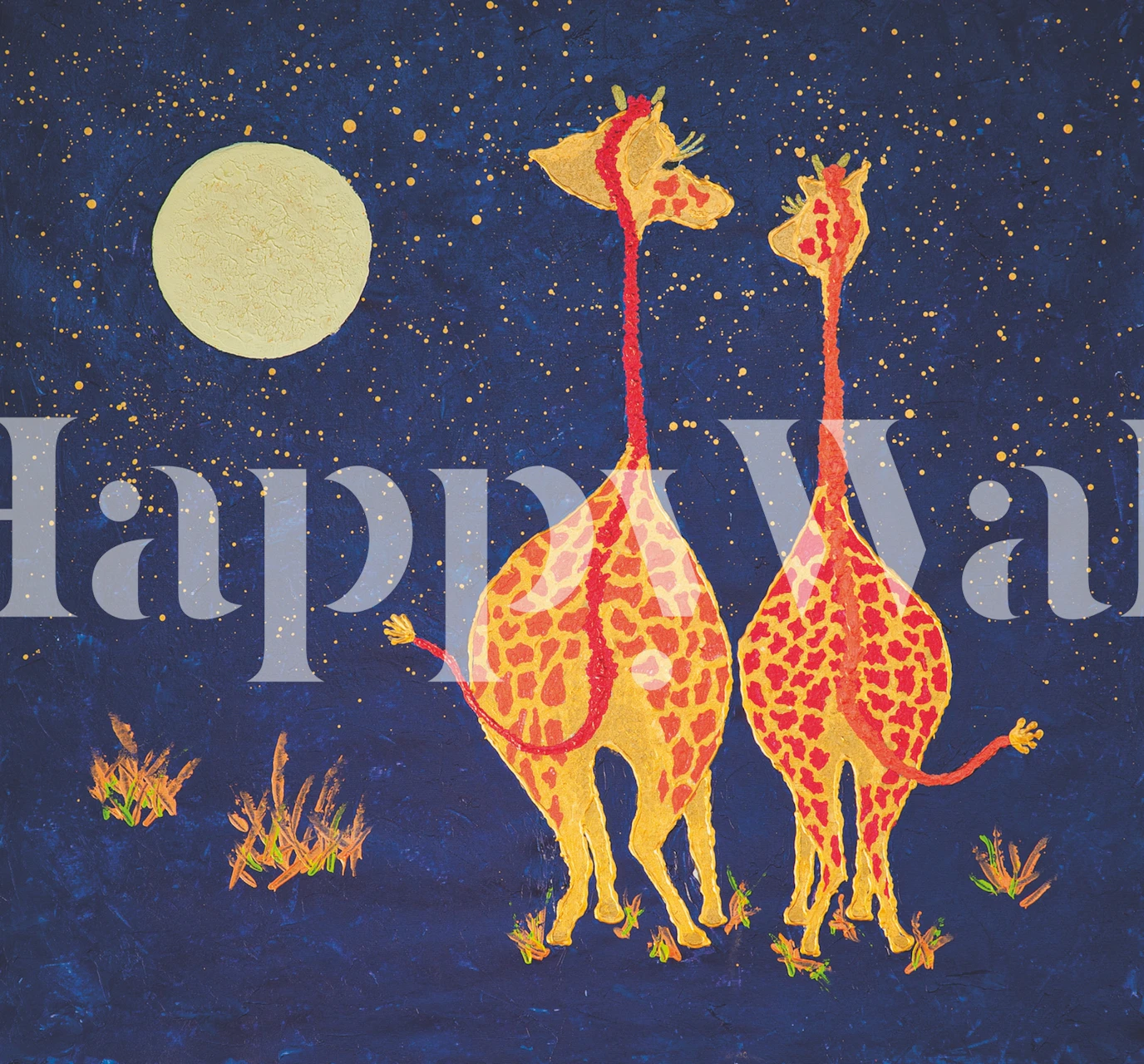 Giraffes under a moonlit night sky wallpaper