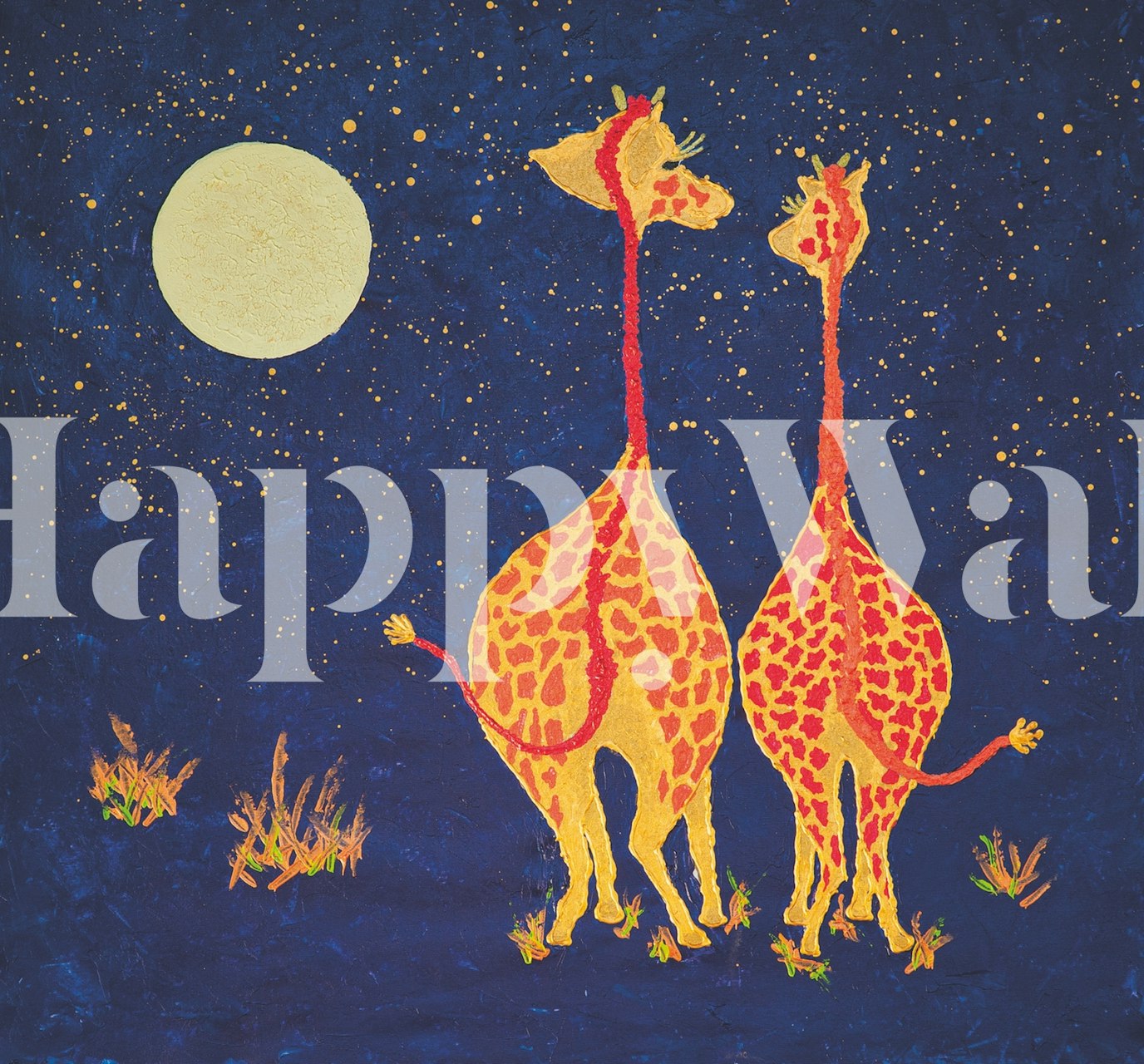 Giraffes under a moonlit night sky wallpaper