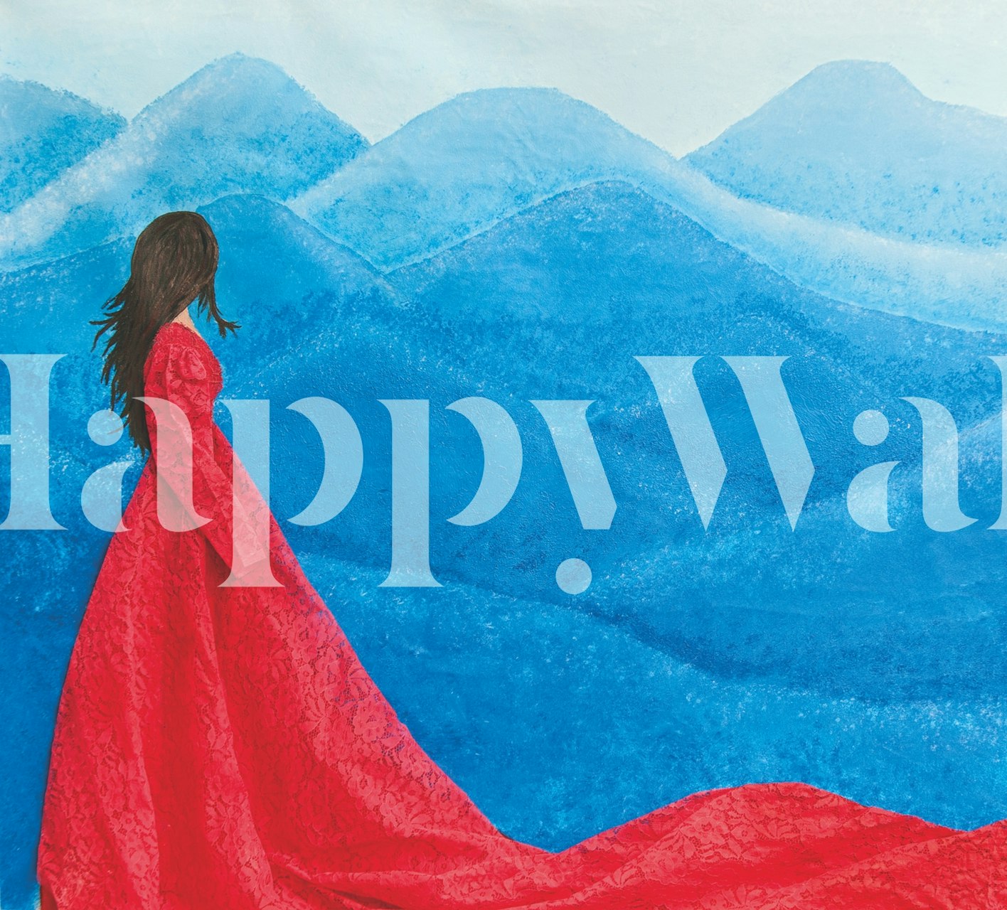 Blue abstract mountain landscape with a figure in a red dress wallpaper