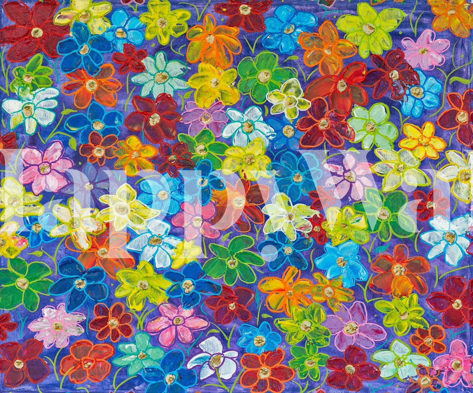 Colorful floral pattern in vibrant hues of red, blue, and yellow wallpaper