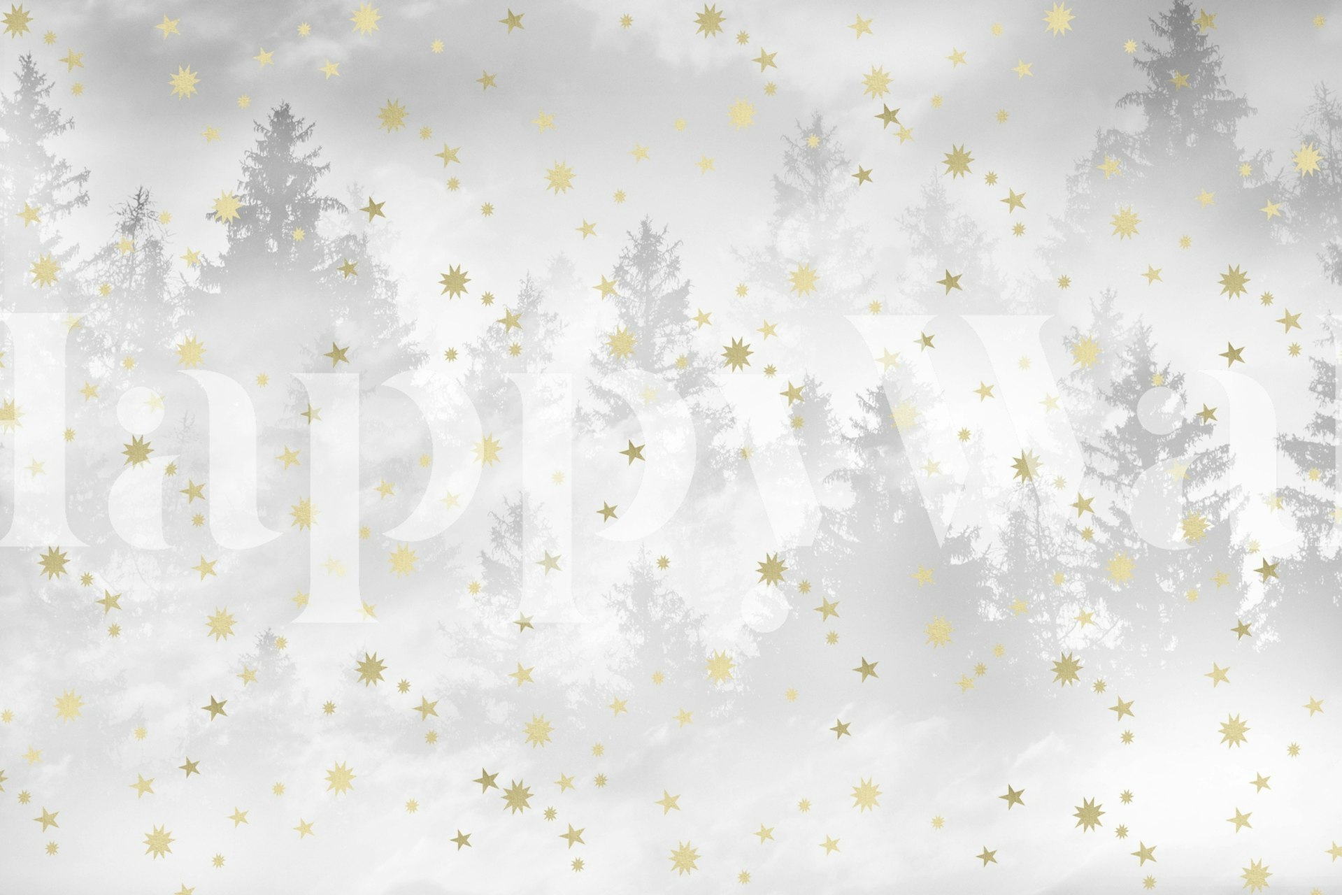 Starry Soft Grey Forest tapet med gyllene fläckar och gråskala träd.
