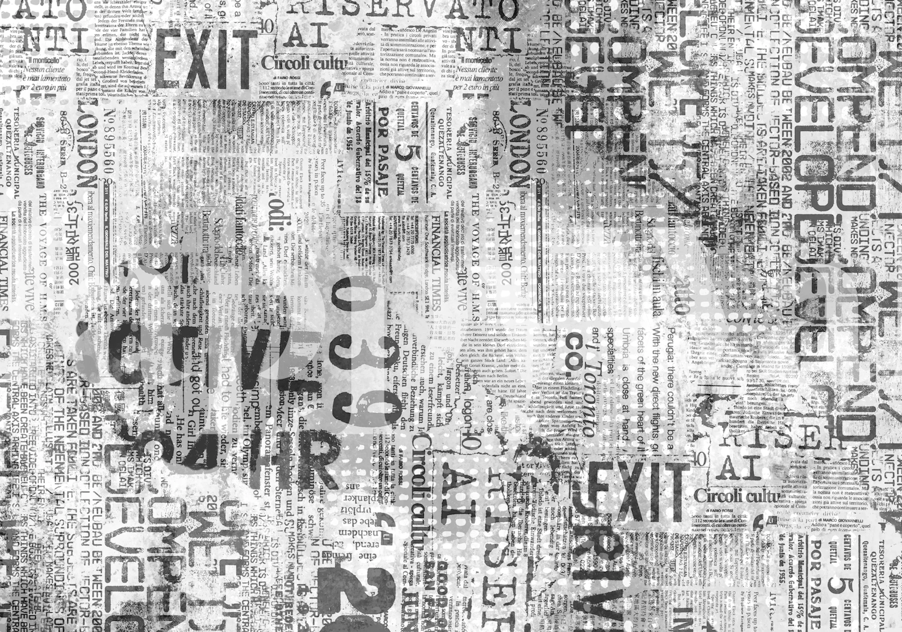Black and white newspaper print wallpaper with text elements
