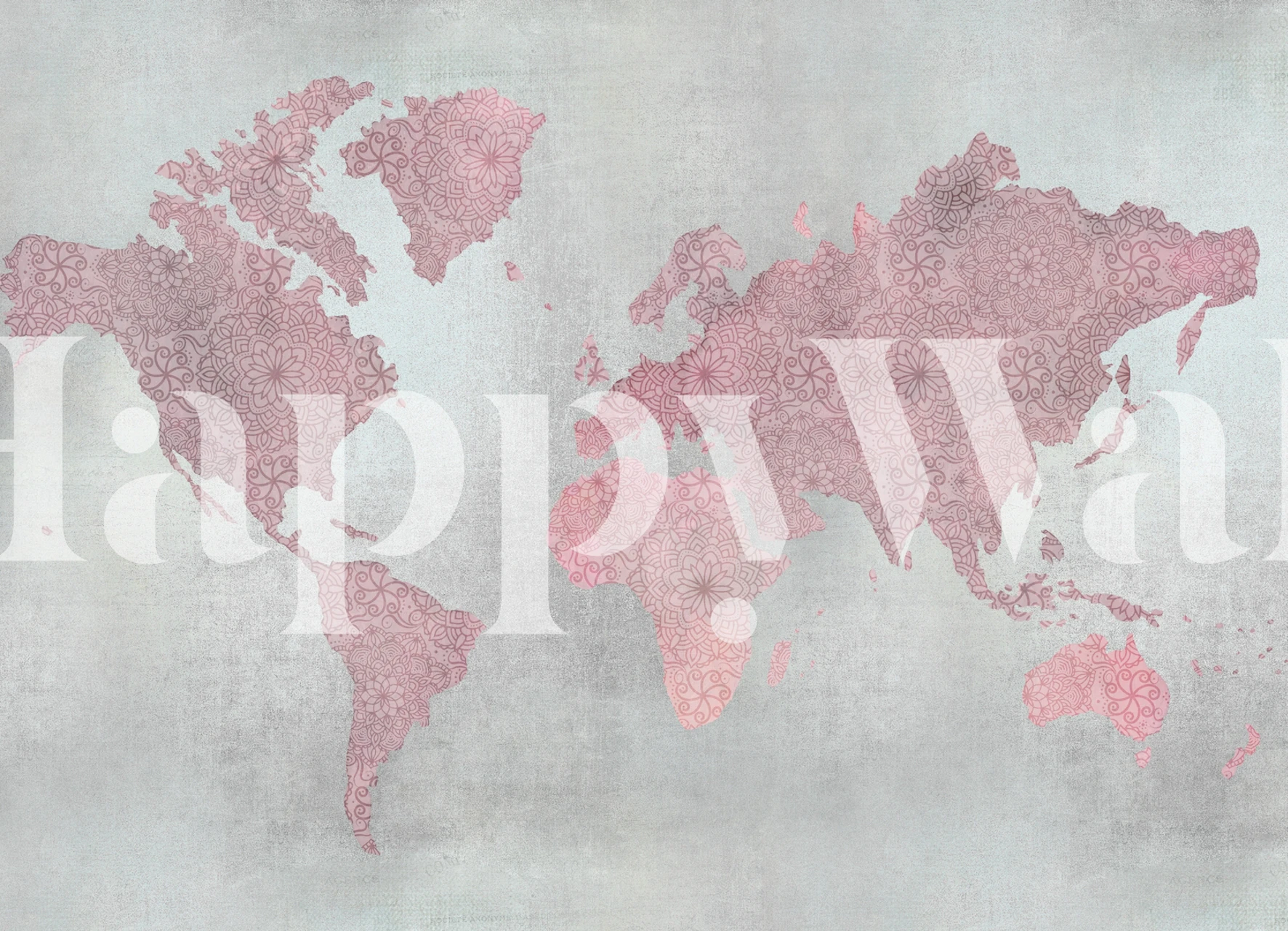 Pink and grey world map wall mural on a textured background
