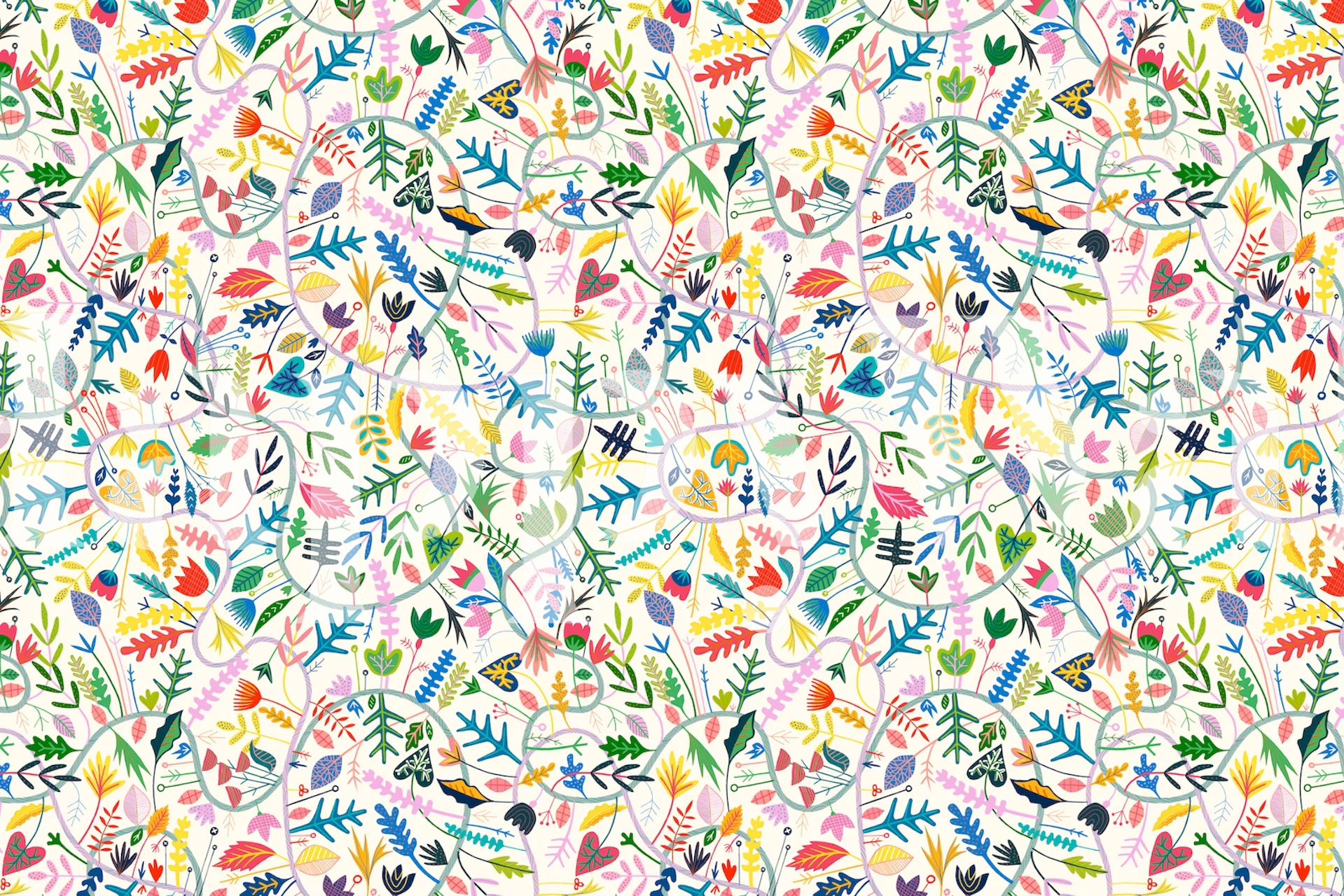 Colorful floral patterns with green foliage on light background wallpaper