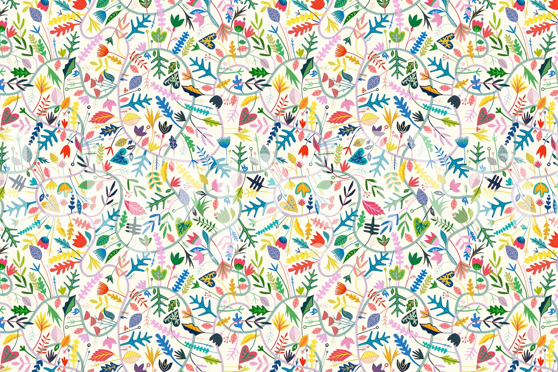 Colorful floral patterns with green foliage on light background wallpaper