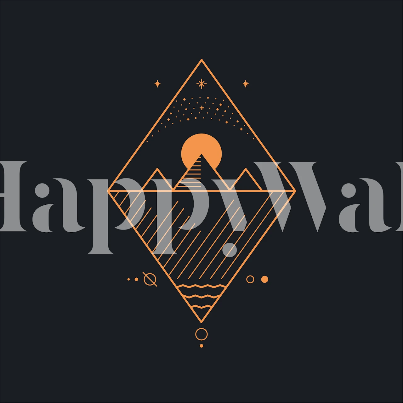 Geometric sun and mountain design in orange and black wallpaper