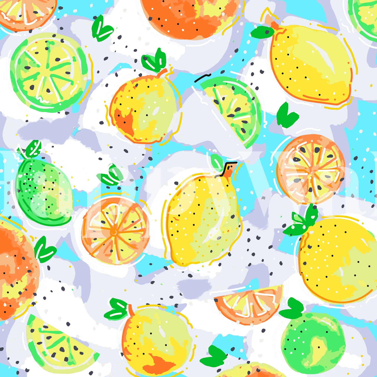 Ilustrações coloridas de frutas cítricas em um fundo aqua no mural de parede Lemon Crush Original