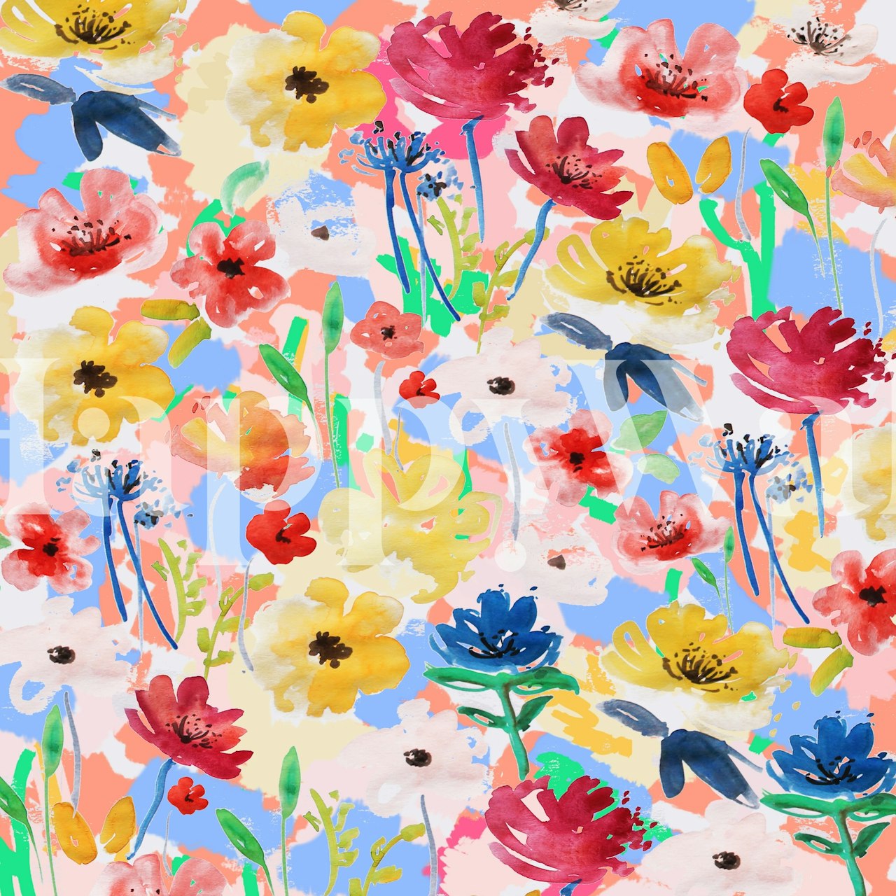 Colorful watercolor floral garden wall mural with an array of vibrant flowers
