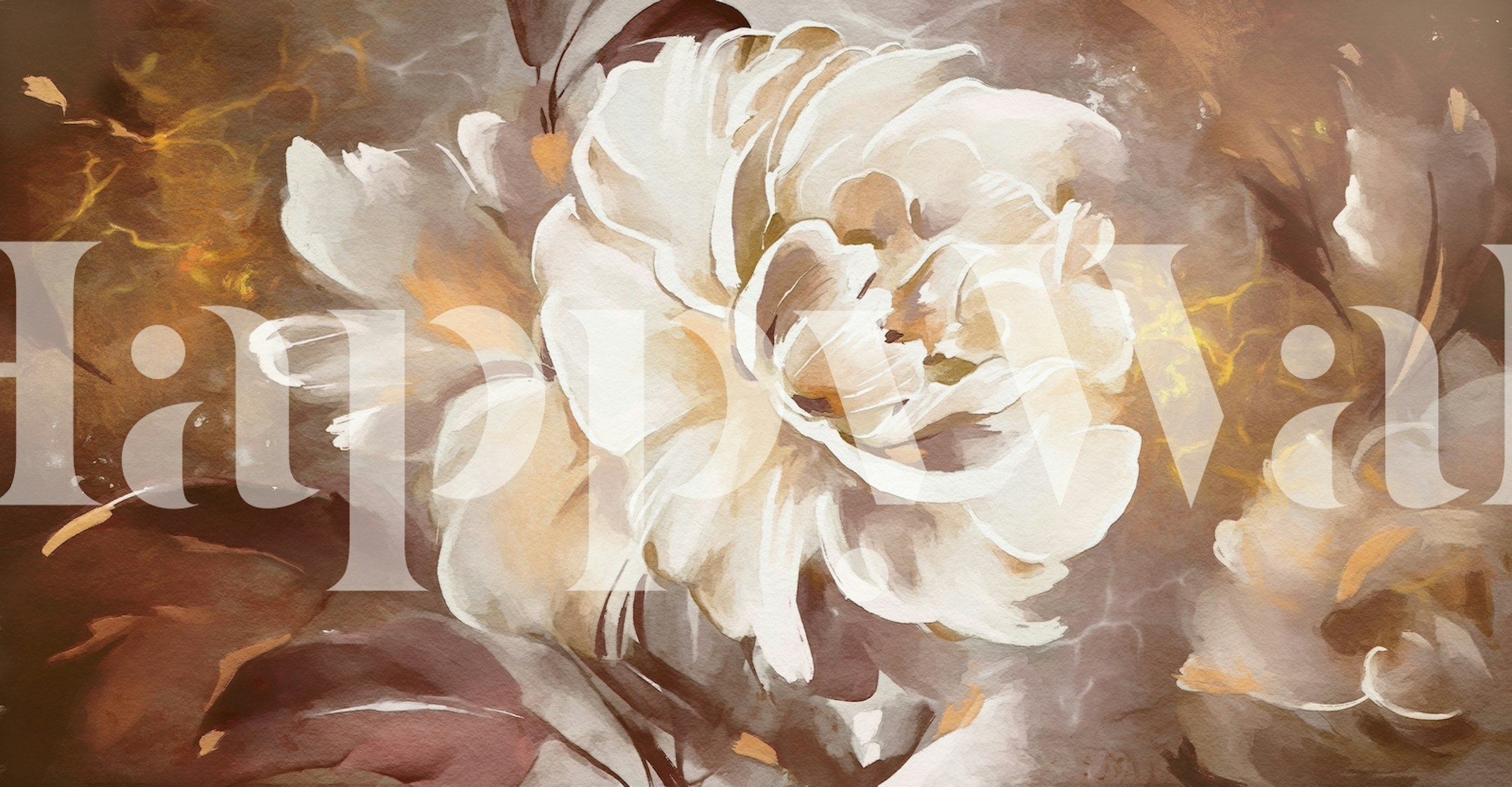 Large white rose floral design on beige background wallpaper