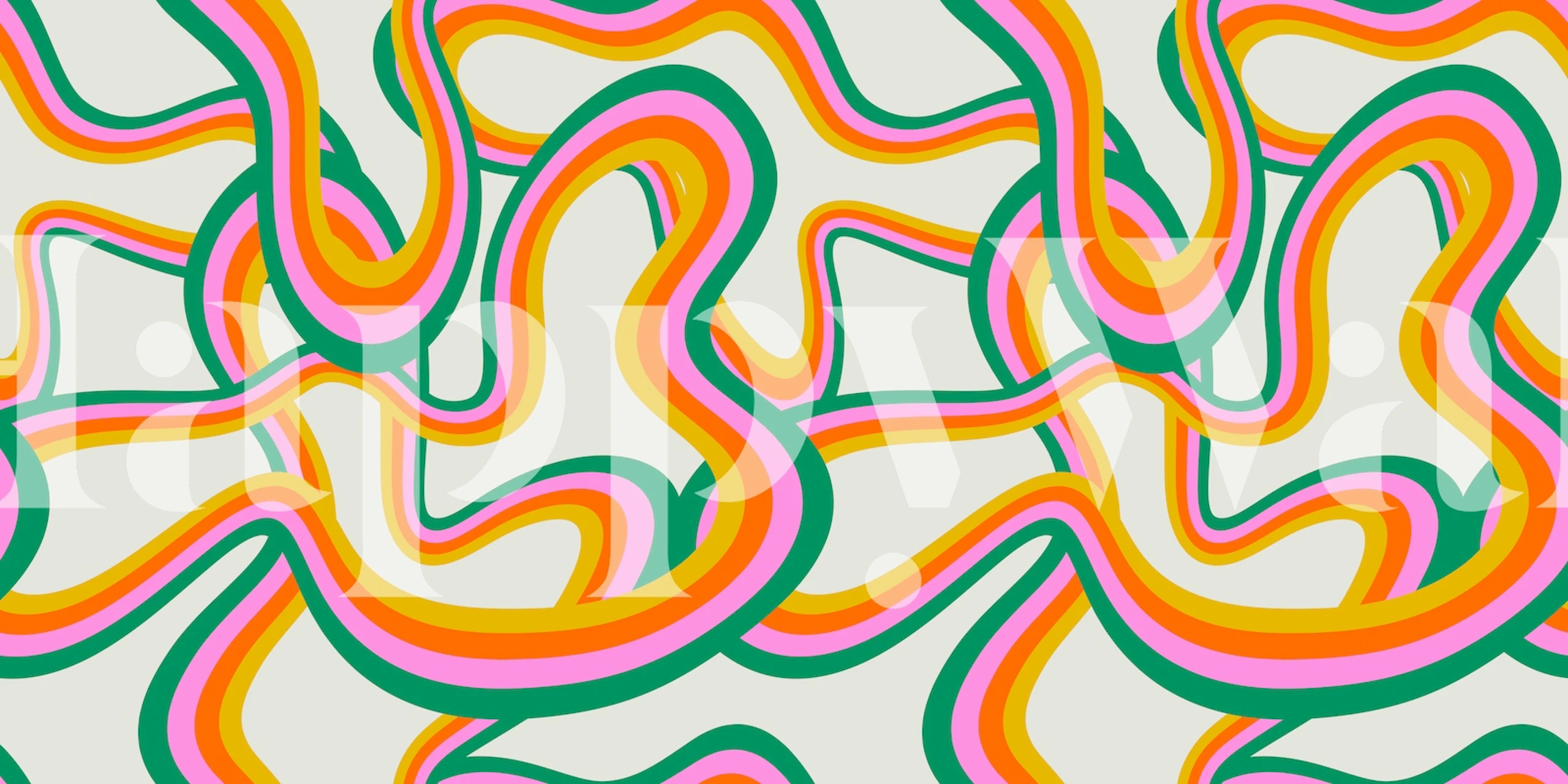 Retro Rainbow Stripes wall mural with wavy lines in orange, pink, and green colors