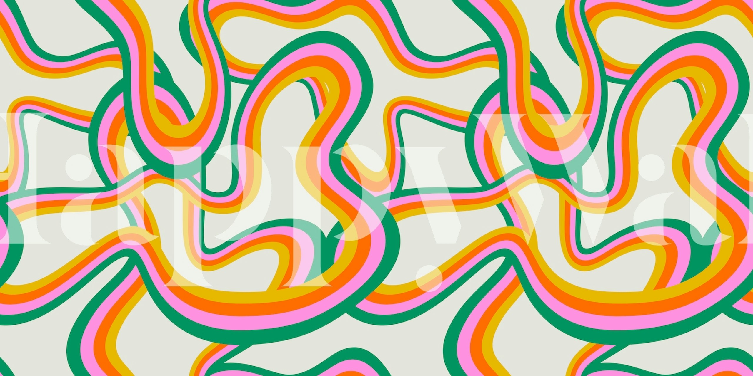 Retro Rainbow Stripes wall mural with wavy lines in orange, pink, and green colors