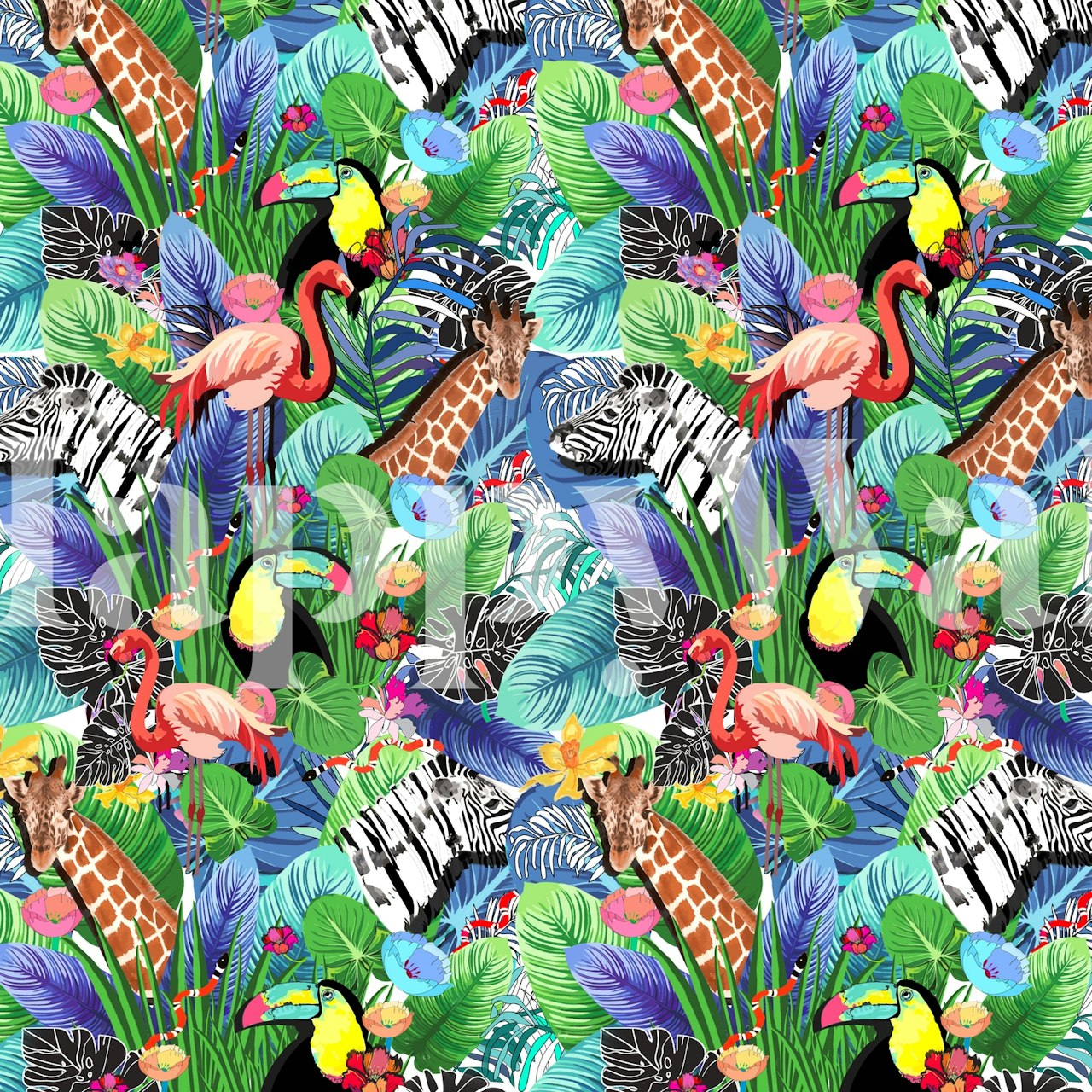 Colorful tropical jungle wallpaper with flamingos, giraffes, toucans, and green leaves