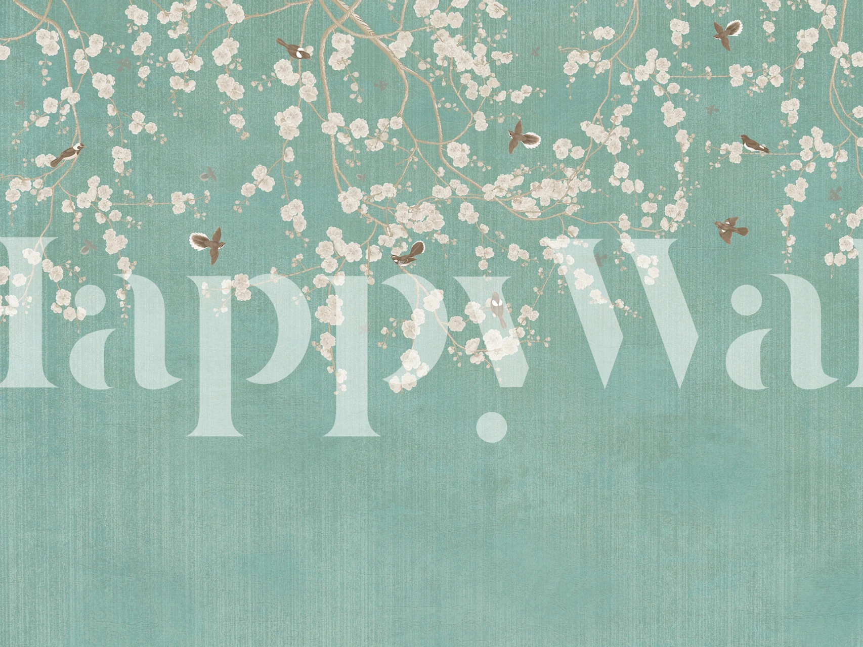 Delicate branches with white flowers and birds on teal background wallpaper