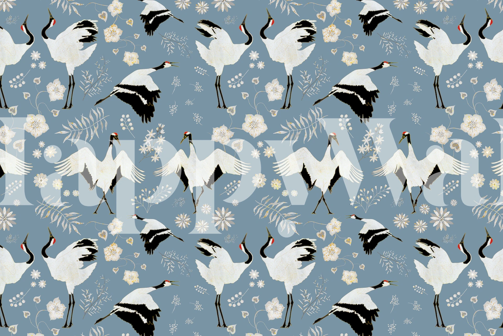 Dancing cranes and floral patterns on a blue background wallpaper