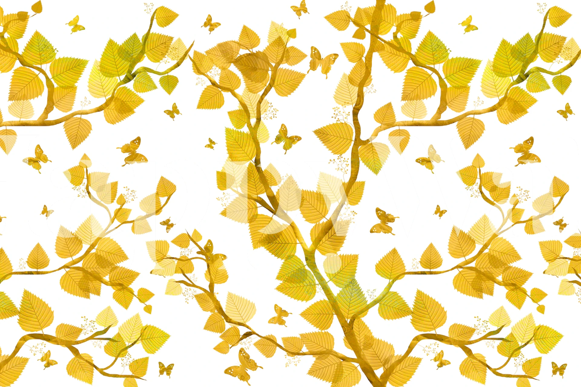Gold leaves and butterflies on a white background wallpaper