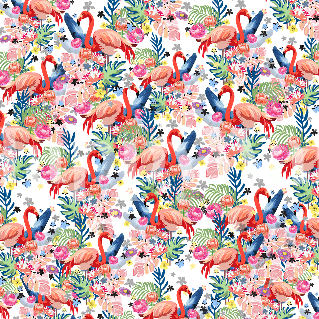 Tropical flamingo and floral patterns in pink, green, and blue wallpaper