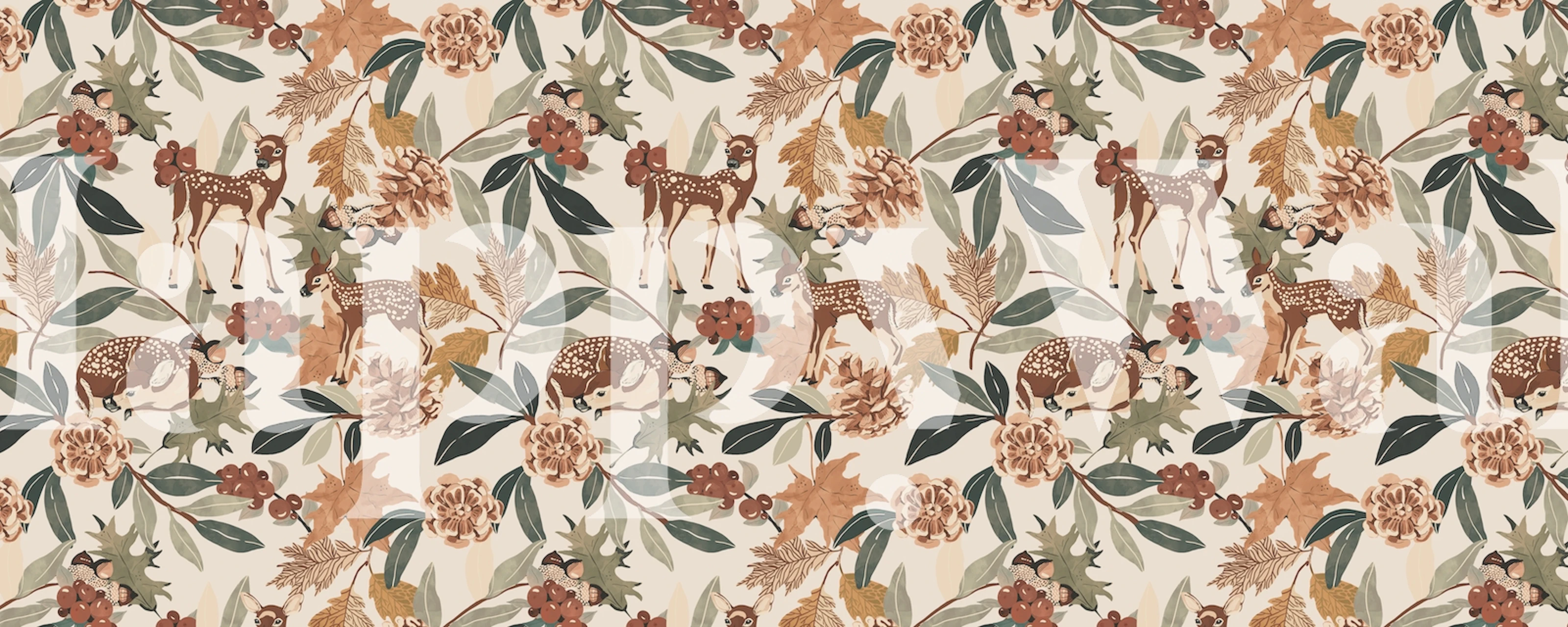 Deer in autumn nature with floral elements in earth tones wallpaper