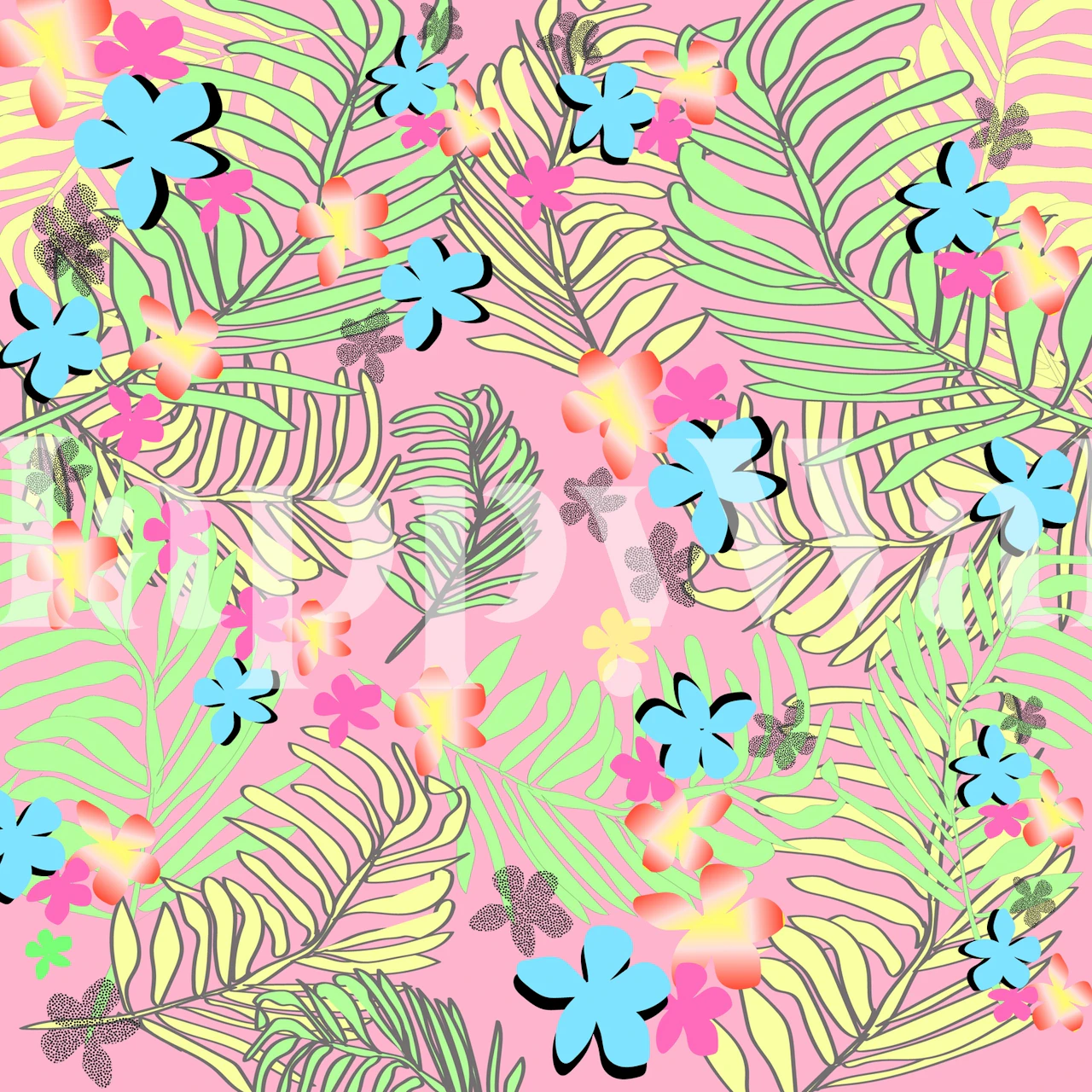 Carta da parati Tropical Leaves con foglie verdi e fiori colorati su sfondo rosa