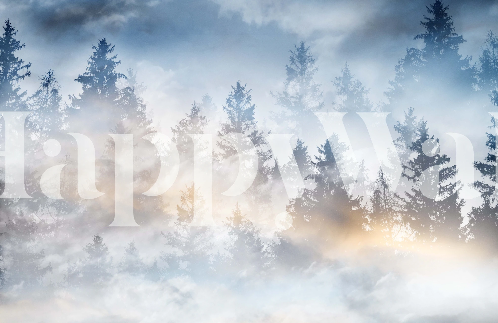 Misty pastel-colored forest with sunrise light wall mural