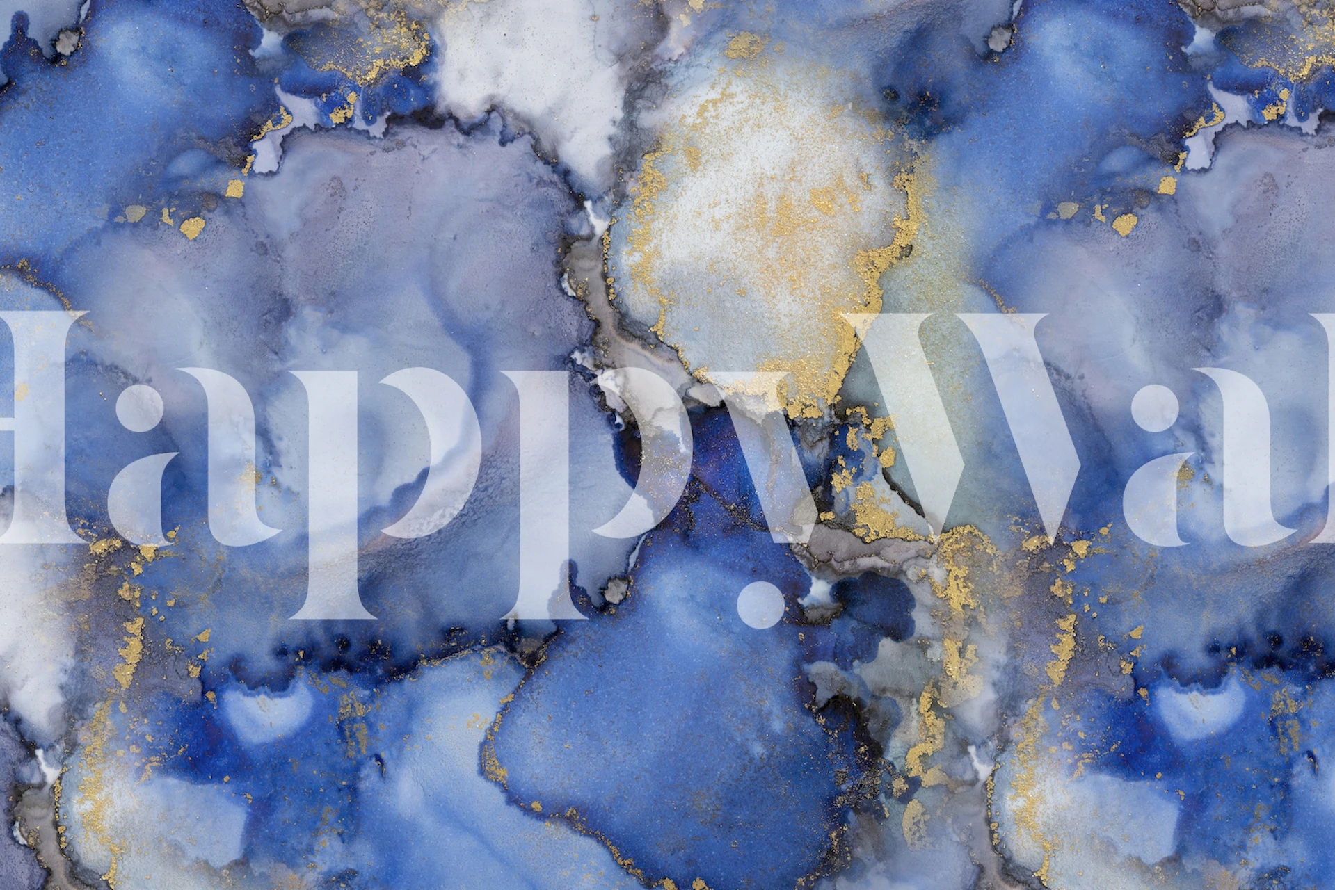 Blue and gold abstract ink art wallpaper with organic patterns