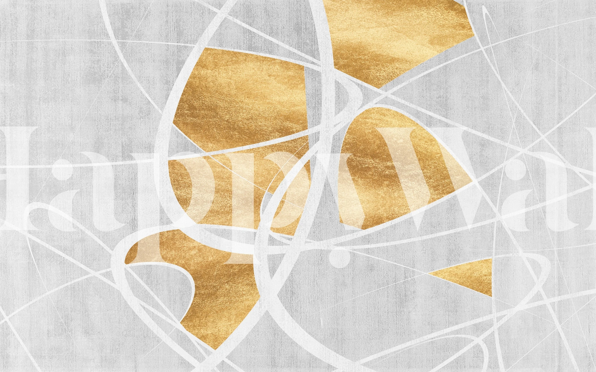 Gold abstract shapes with white lines on gray wallpaper