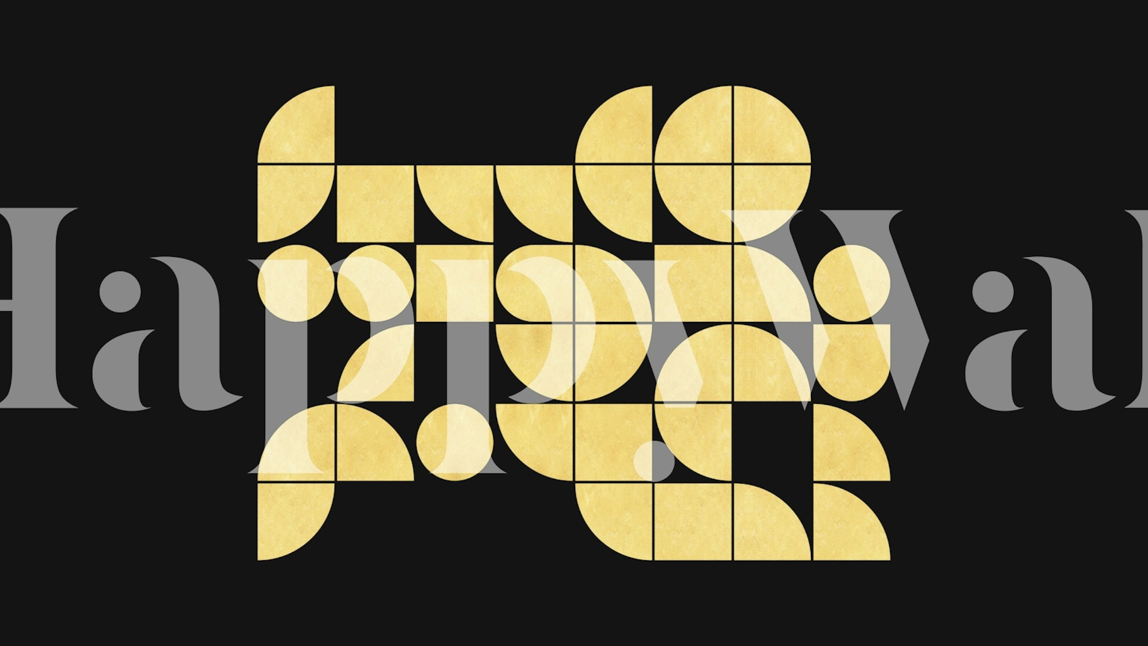 Elegante geometriske sirkler i gull på et veggmaleri med svart bakgrunn