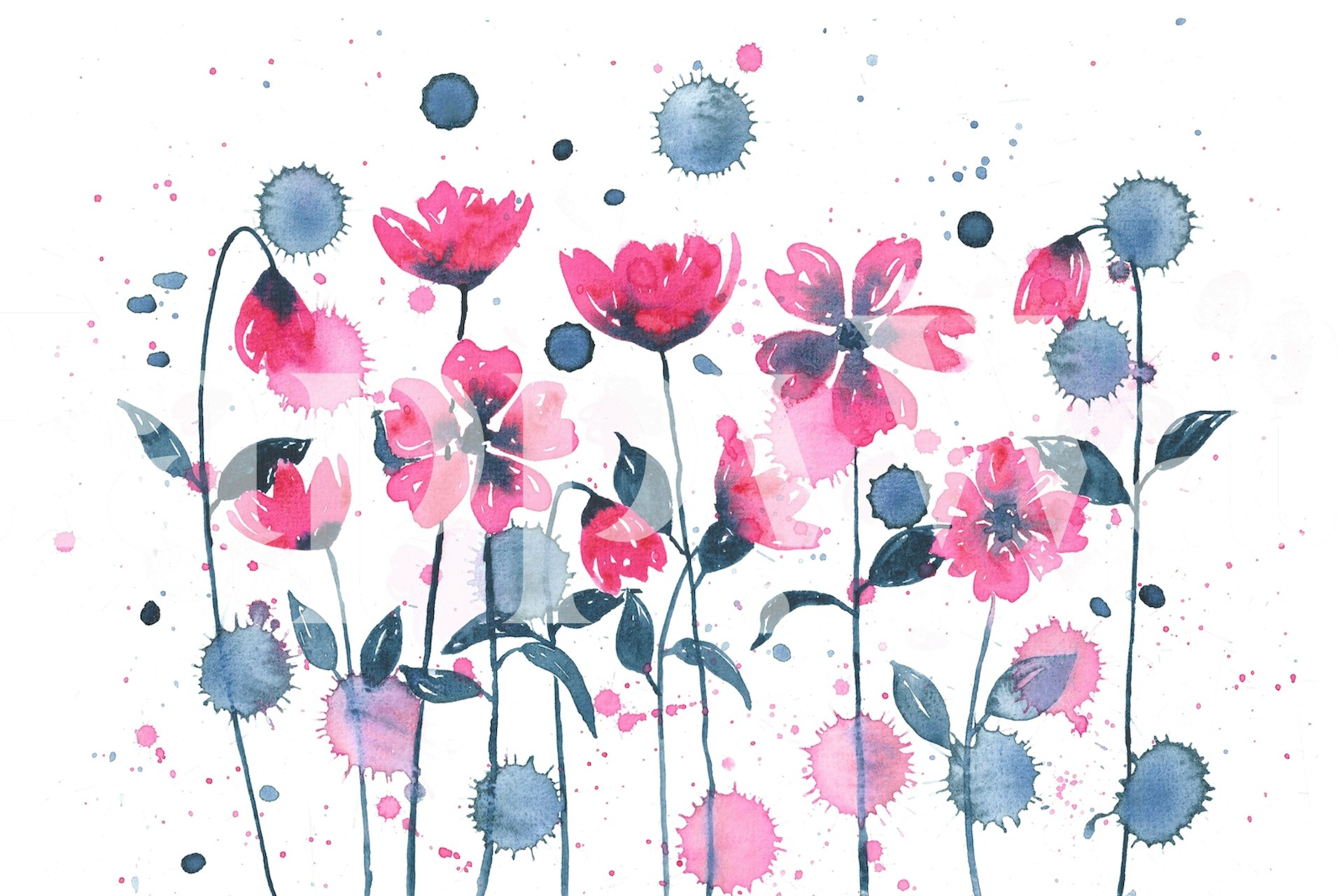 Elegante rosa und blaue Aquarellblumen auf einem Fototapeten weißen Hintergrund.